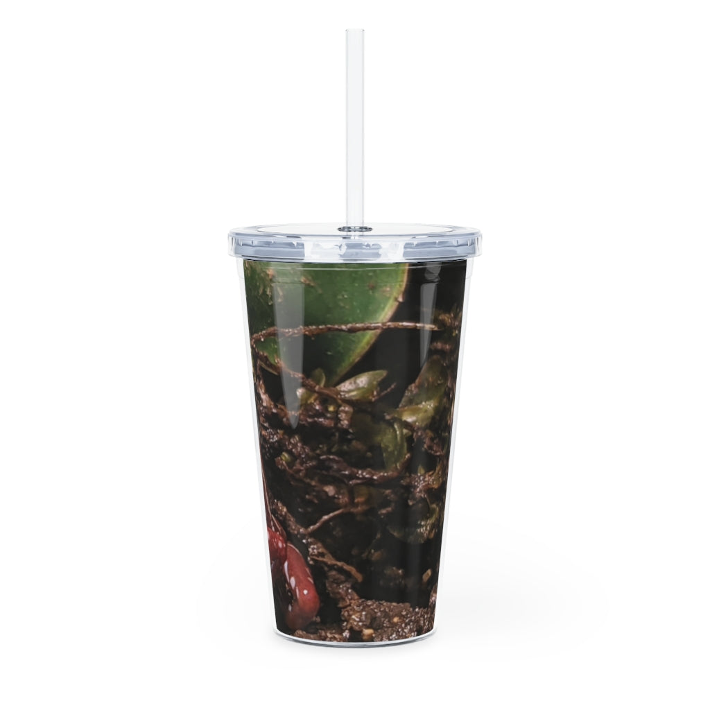 Red Frog Plastic Tumbler with Straw, featuring a customizable design, lid, and straw, perfect for parties and gatherings.