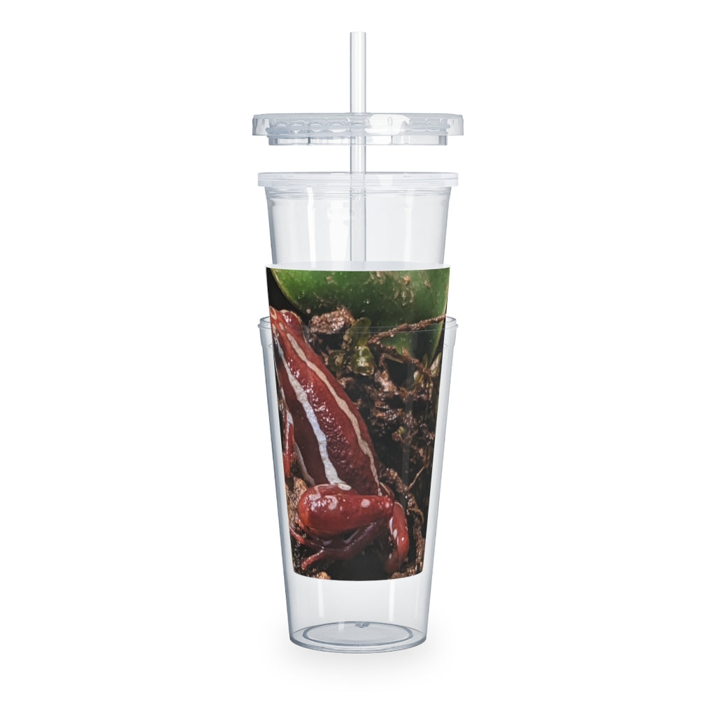 Red Frog Plastic Tumbler with Straw, featuring a customizable design, lid, and straw, perfect for parties and gatherings.
