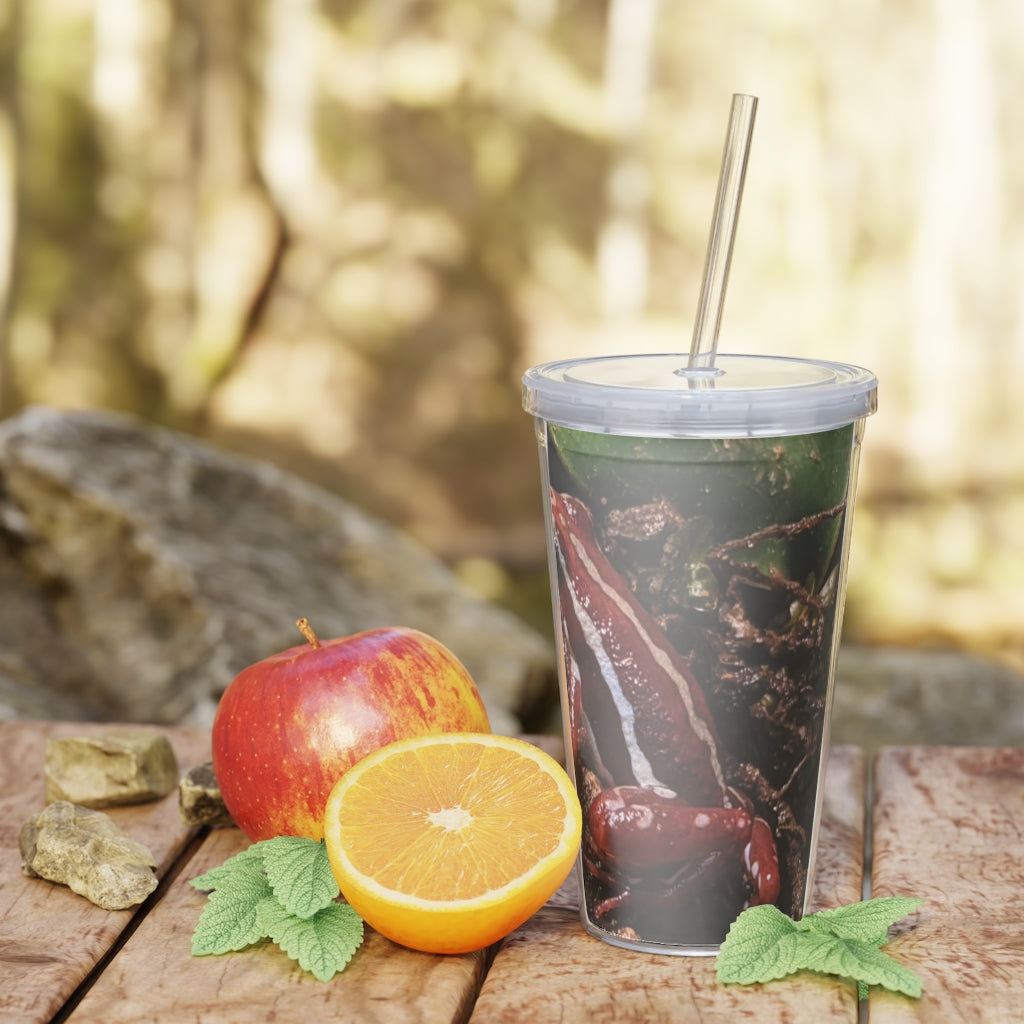 Red Frog Plastic Tumbler with Straw, featuring a customizable design, lid, and straw, perfect for parties and gatherings.