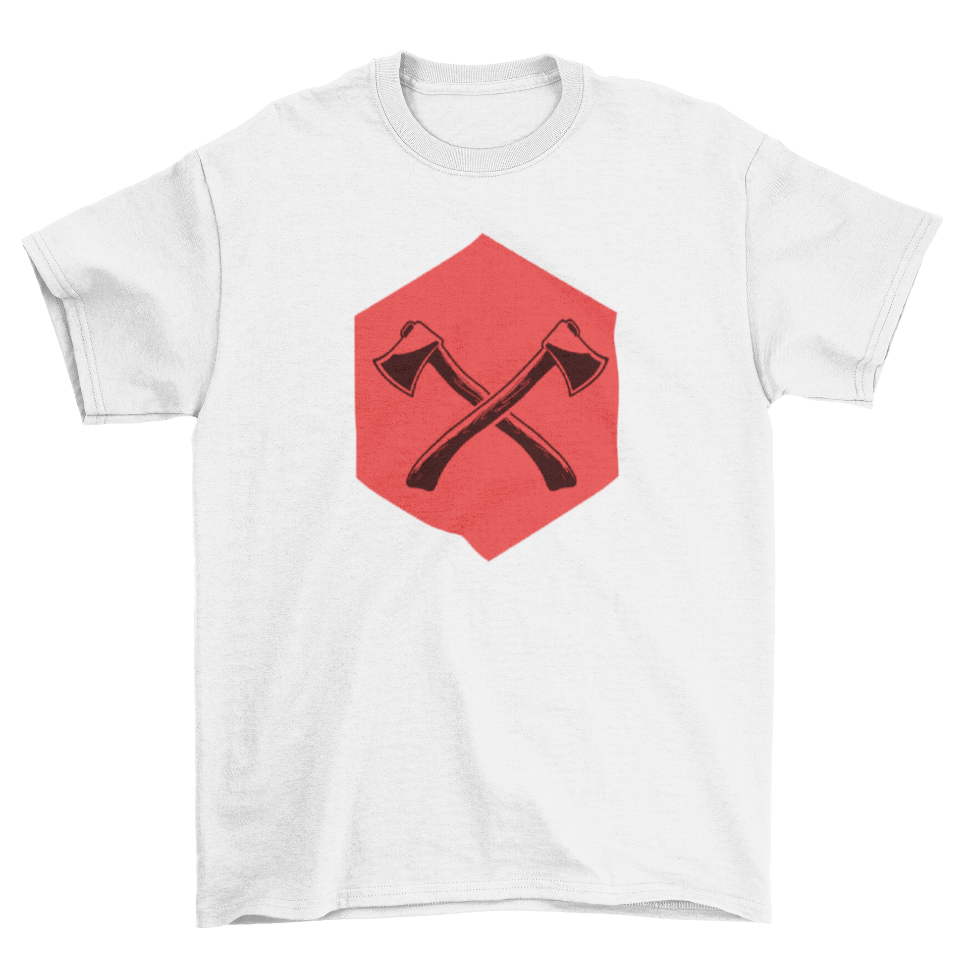 Red graphic tee featuring two axes inside a hexagon shape, perfect for casual wear.