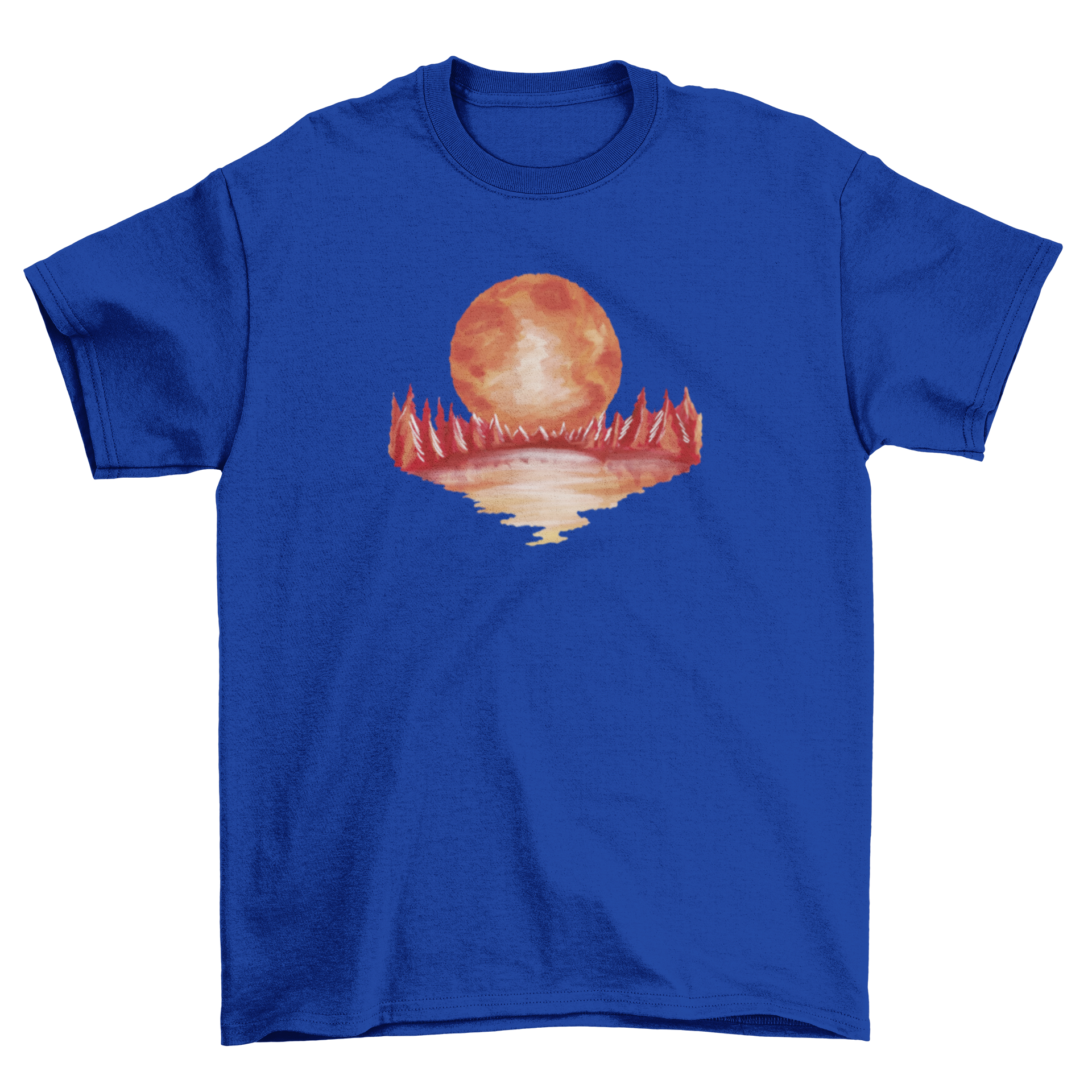 A vibrant red landscape t-shirt featuring a watercolor design of a lake, trees, and a full moon, perfect for nature lovers.