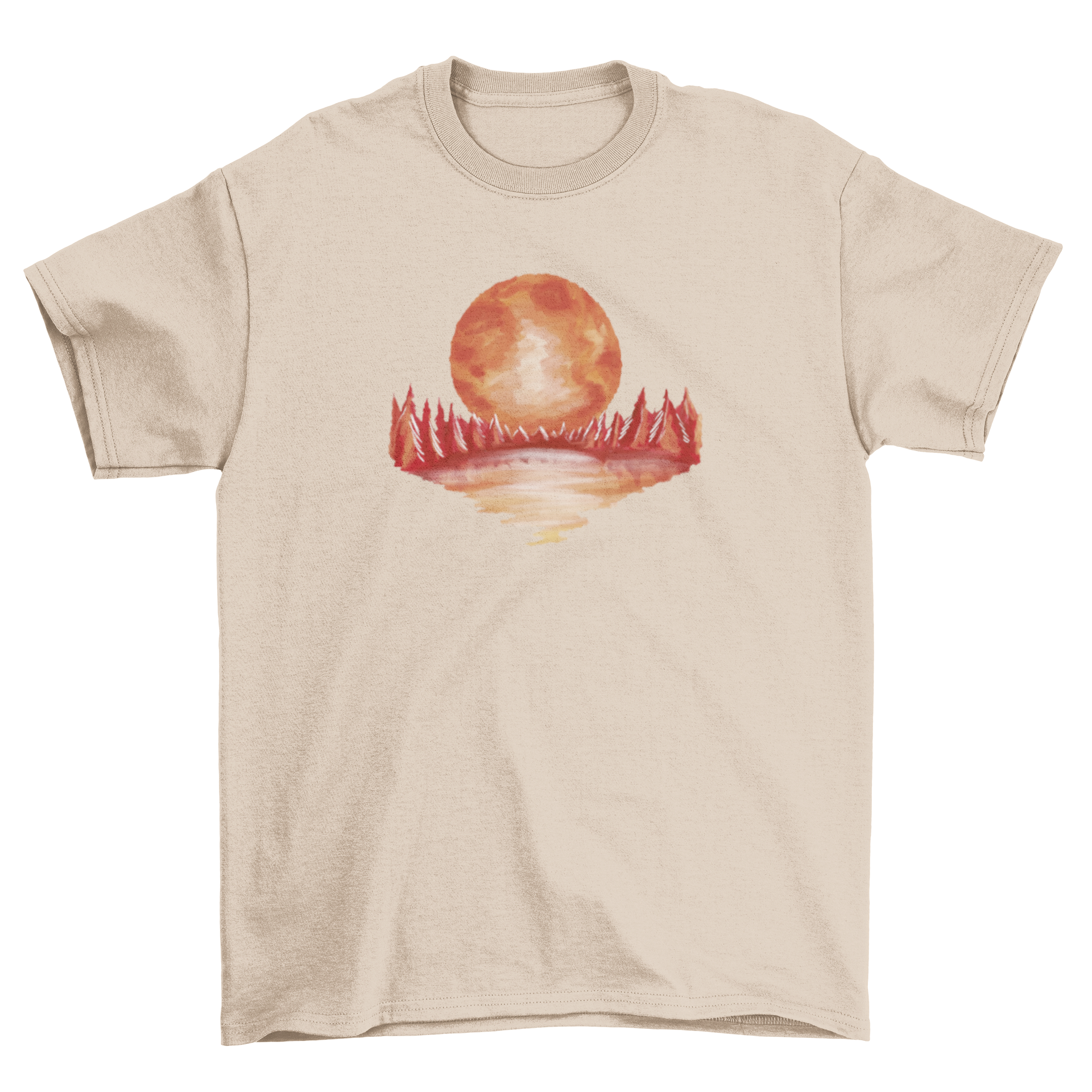 A vibrant red landscape t-shirt featuring a watercolor design of a lake, trees, and a full moon, perfect for nature lovers.