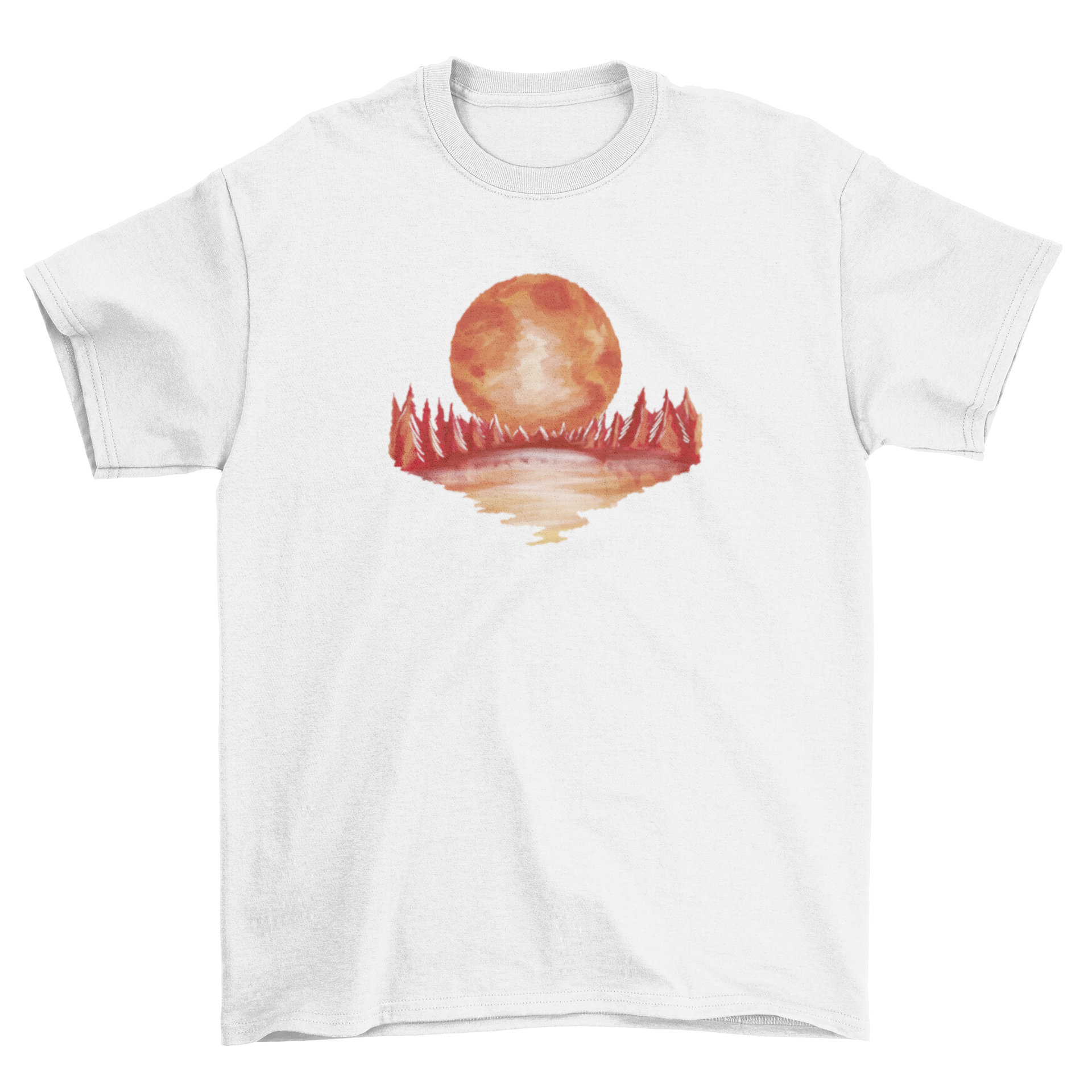 A vibrant red landscape t-shirt featuring a watercolor design of a lake, trees, and a full moon, perfect for nature lovers.
