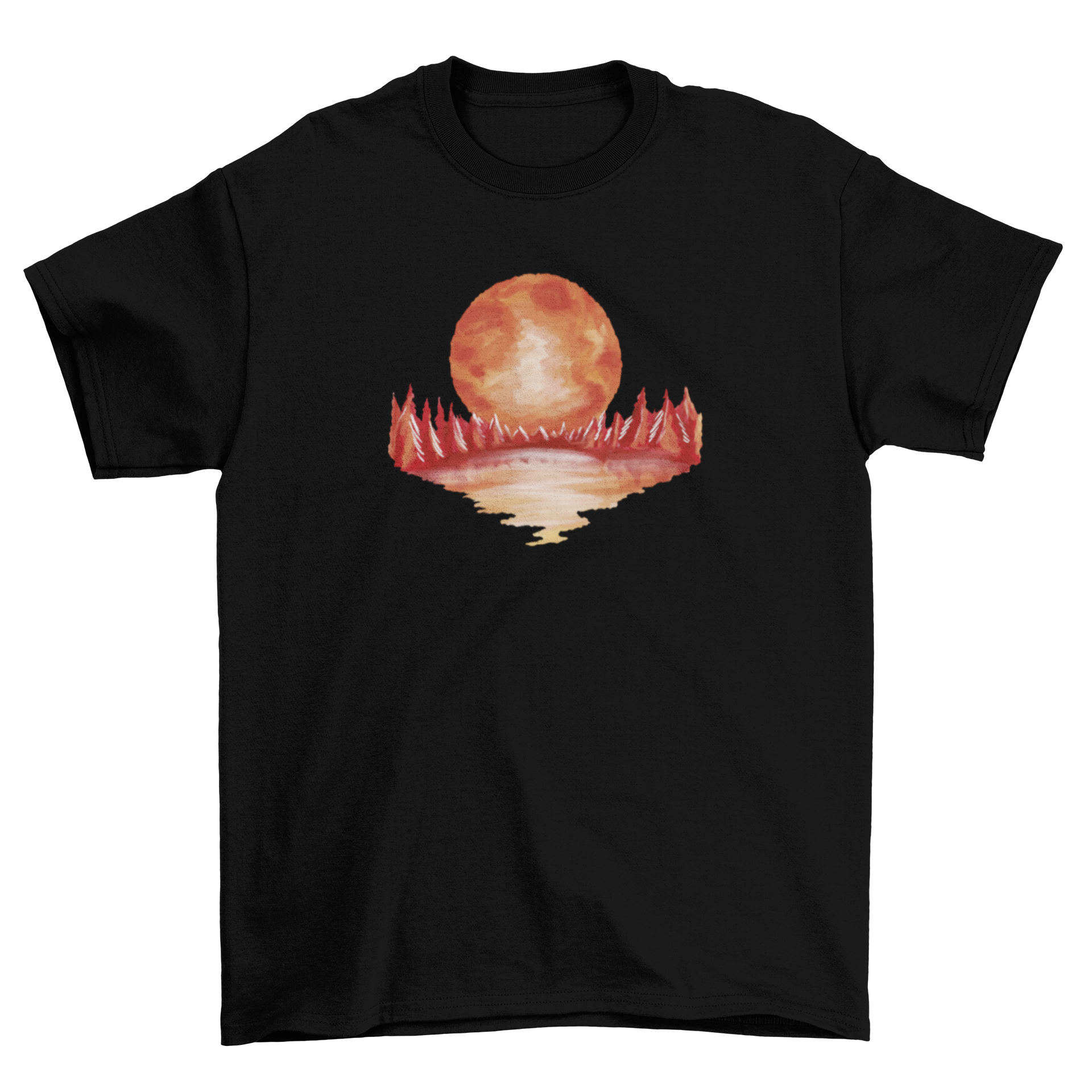 A vibrant red landscape t-shirt featuring a watercolor design of a lake, trees, and a full moon, perfect for nature lovers.