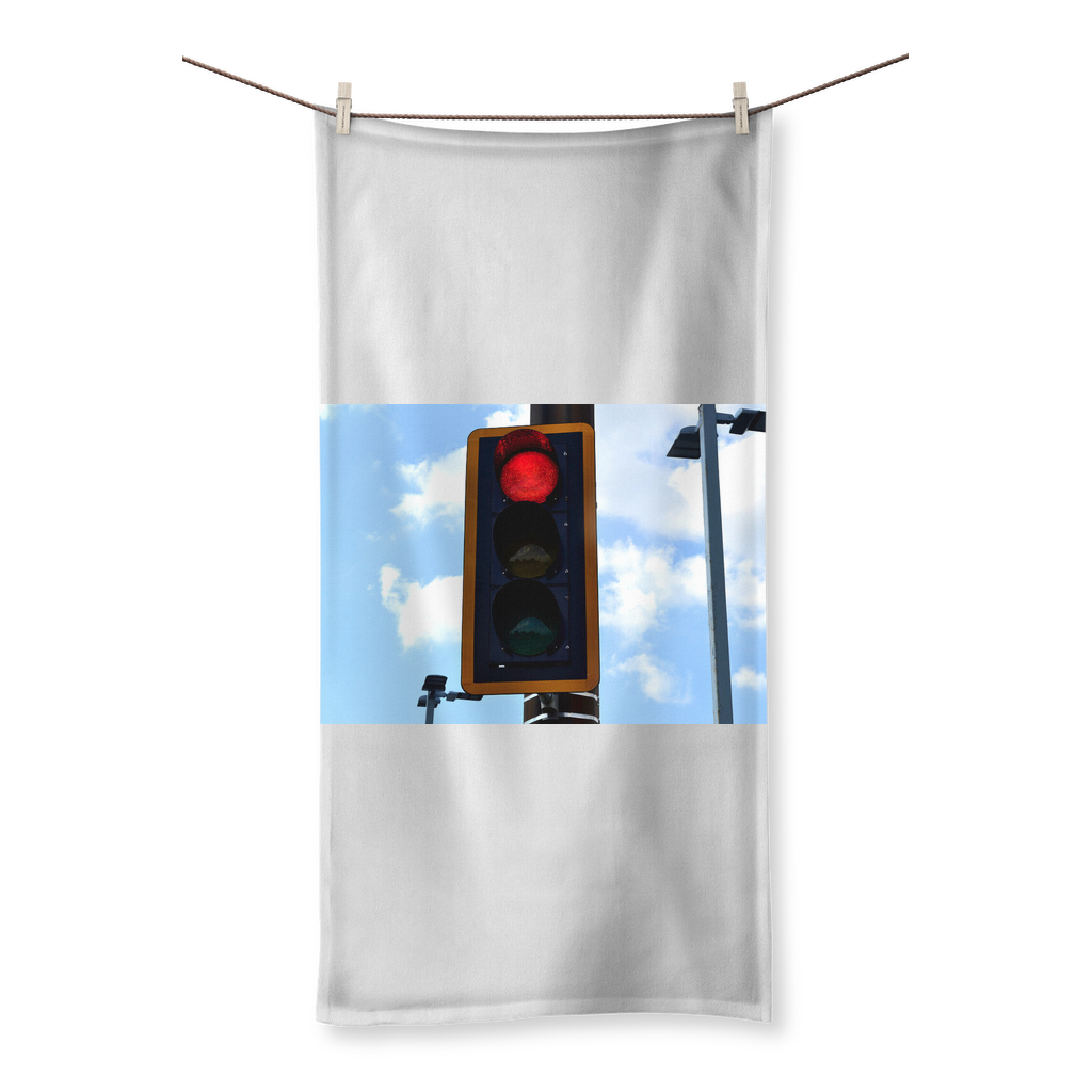 Red Light Sublimation All Over Towel showcasing vibrant prints on one side and soft cotton texture on the other side, available in various sizes.