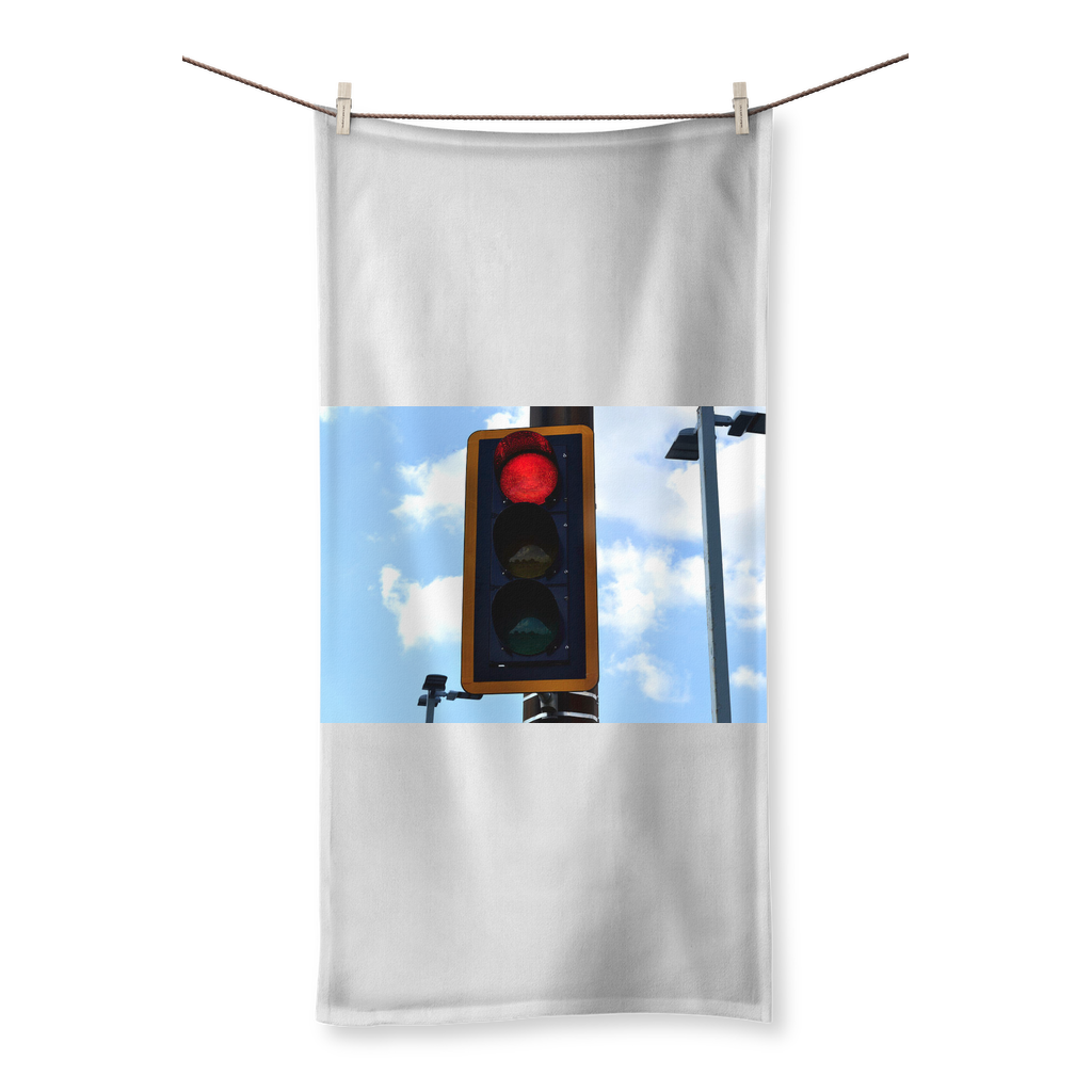 Red Light Sublimation All Over Towel showcasing vibrant prints on one side and soft cotton texture on the other side, available in various sizes.