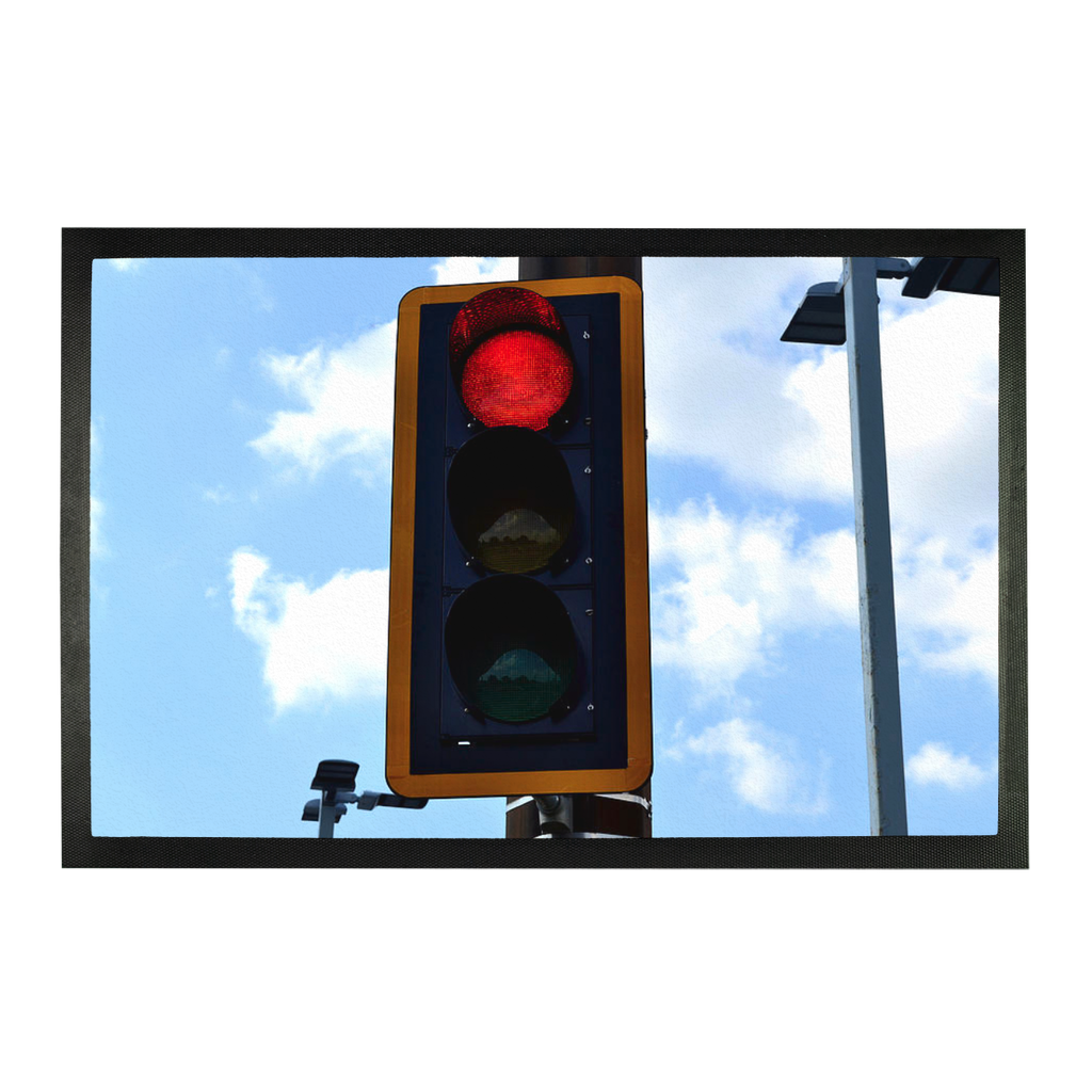 Red Light Sublimation Doormat showcasing vibrant colors and customizable design, made from durable rubber with a polyester patch panel.