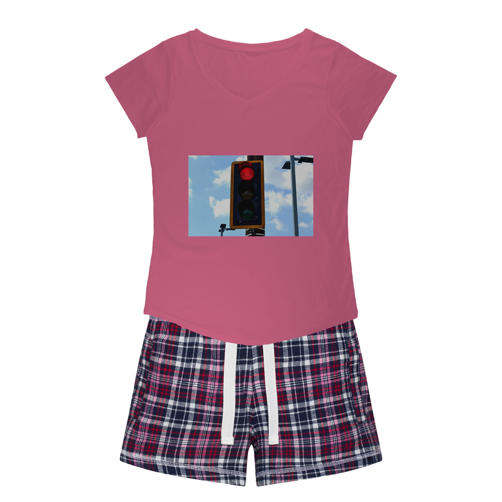 Red Light Women's Sleepy Tee and Flannel Short set featuring a relaxed fit T-shirt and vibrant flannel shorts, perfect for cozy nights.
