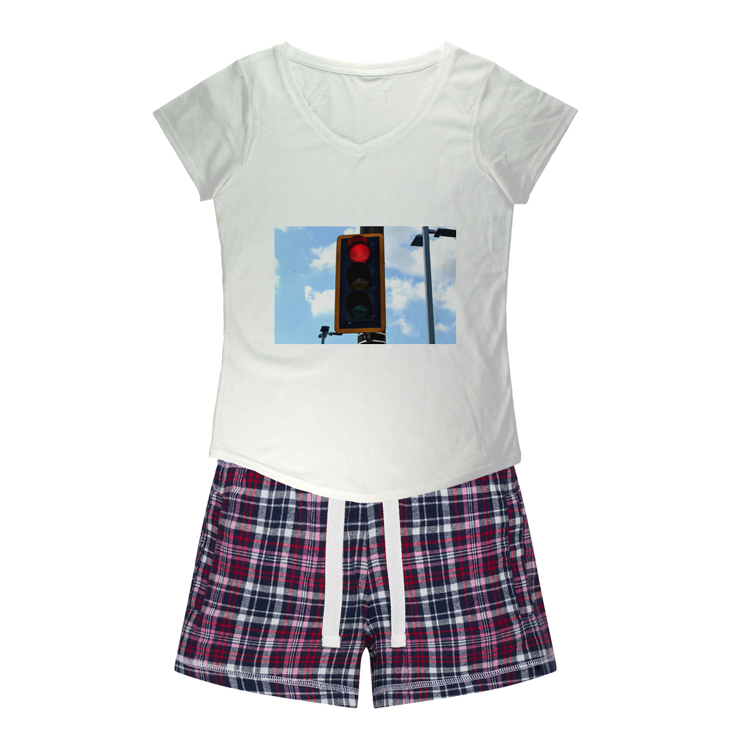 Red Light Women's Sleepy Tee and Flannel Short set featuring a relaxed fit T-shirt and vibrant flannel shorts, perfect for cozy nights.