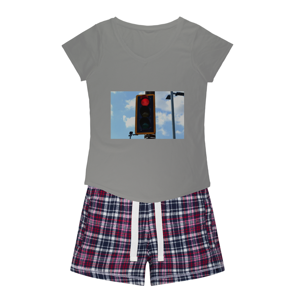 Red Light Women's Sleepy Tee and Flannel Short set featuring a relaxed fit T-shirt and vibrant flannel shorts, perfect for cozy nights.