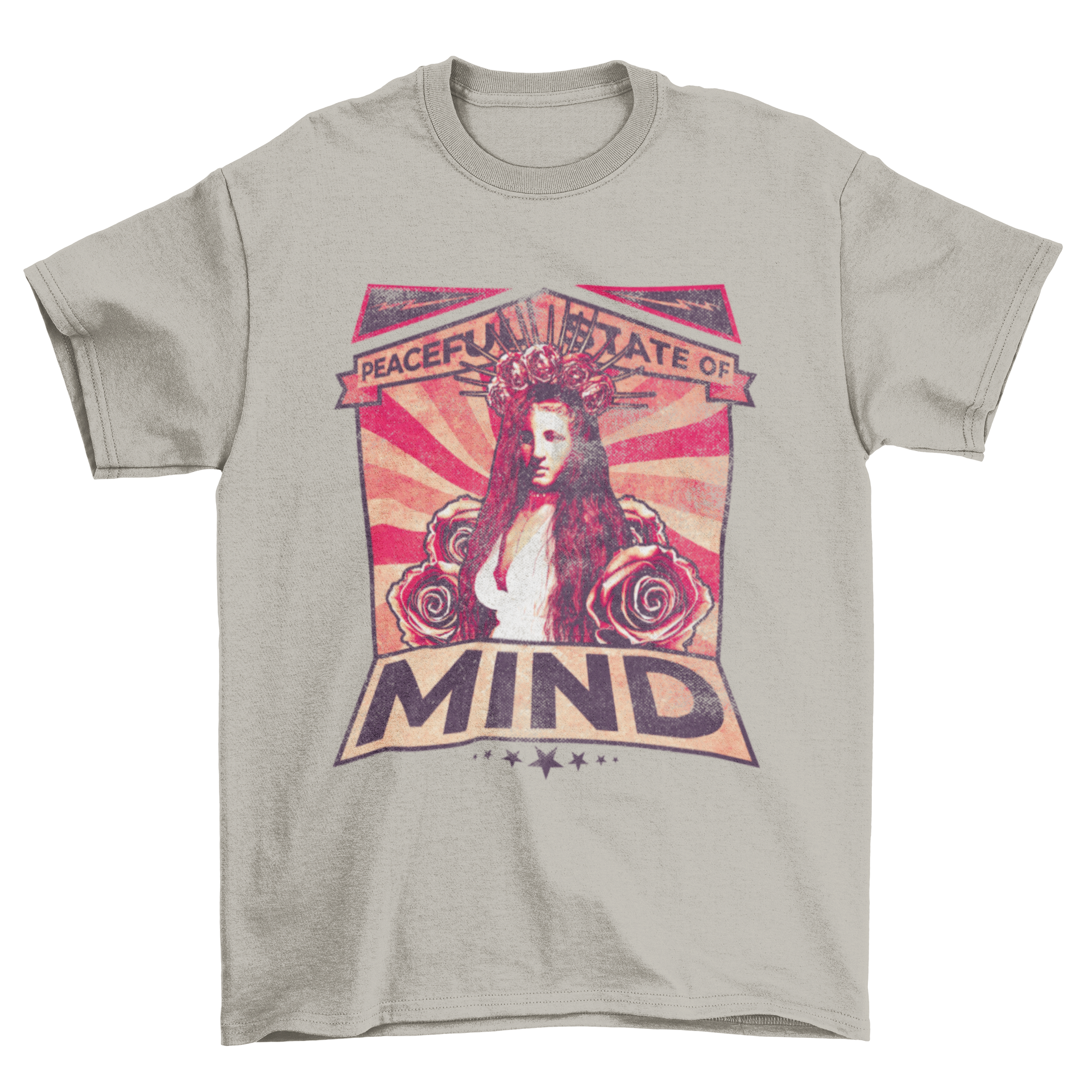 A stylish red t-shirt featuring a serene red-haired woman surrounded by nature roses with the quote 'Peaceful state of the mind'.