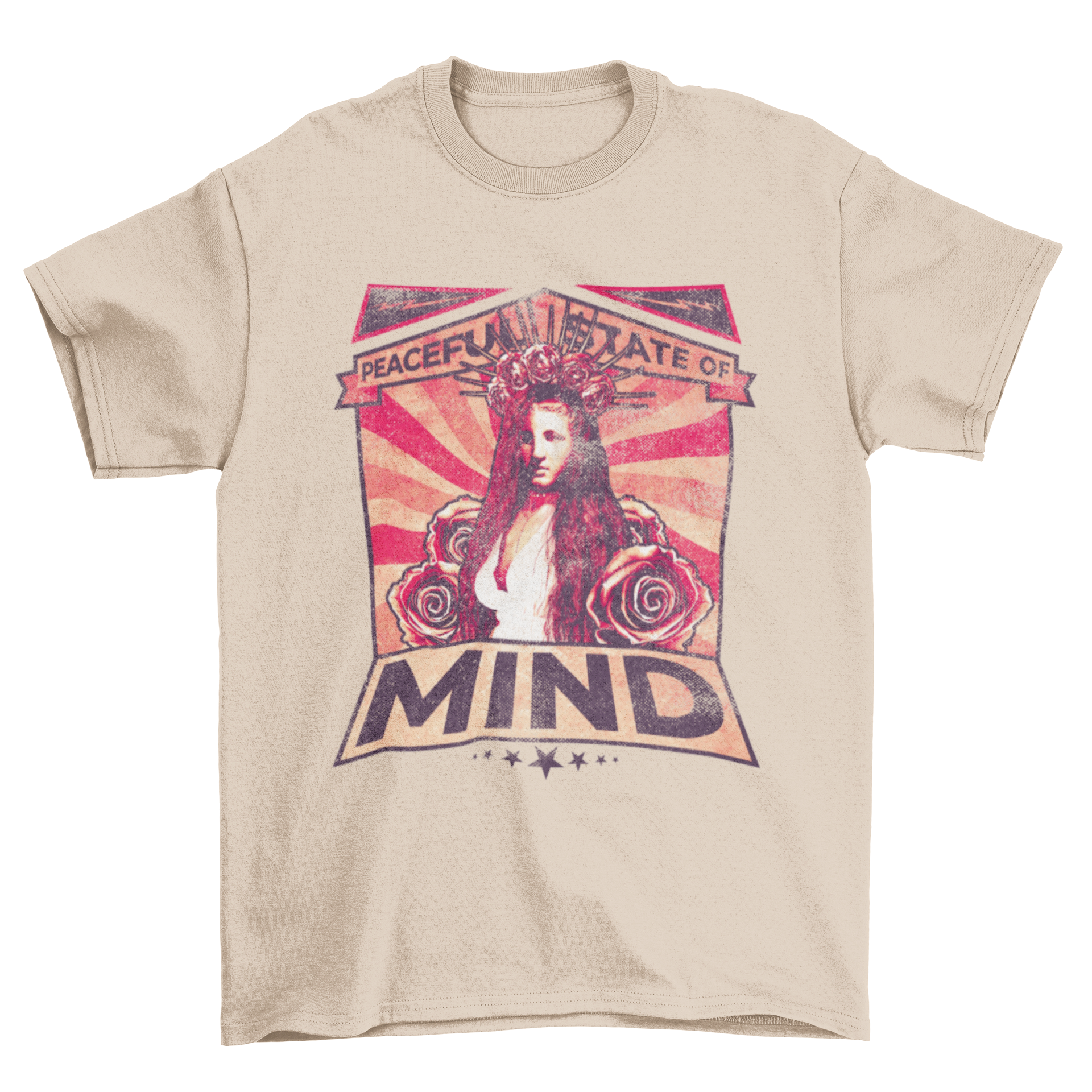 A stylish red t-shirt featuring a serene red-haired woman surrounded by nature roses with the quote 'Peaceful state of the mind'.