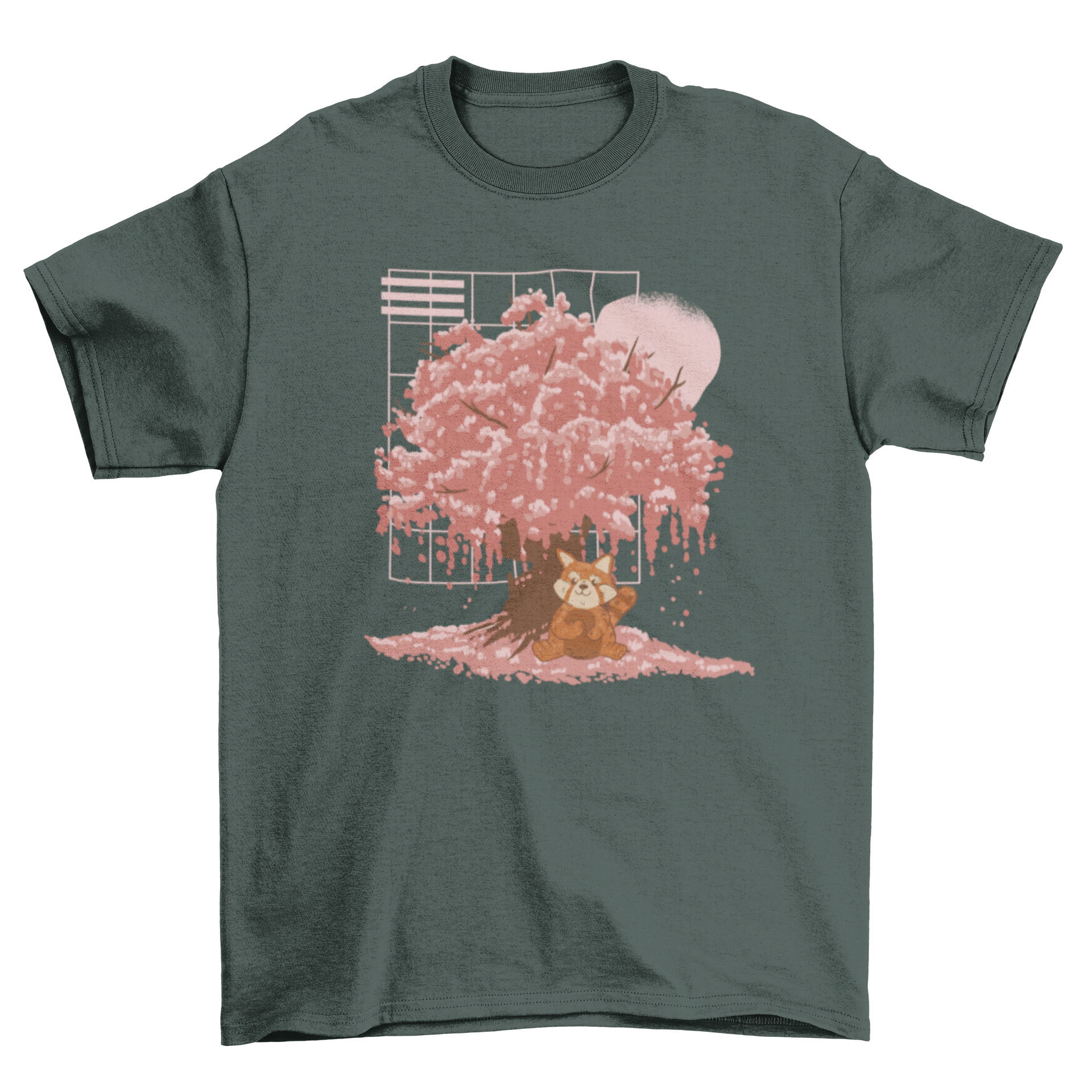 A stylish t-shirt featuring a red panda sitting under a blooming Sakura tree, showcasing vibrant colors and a unique design.