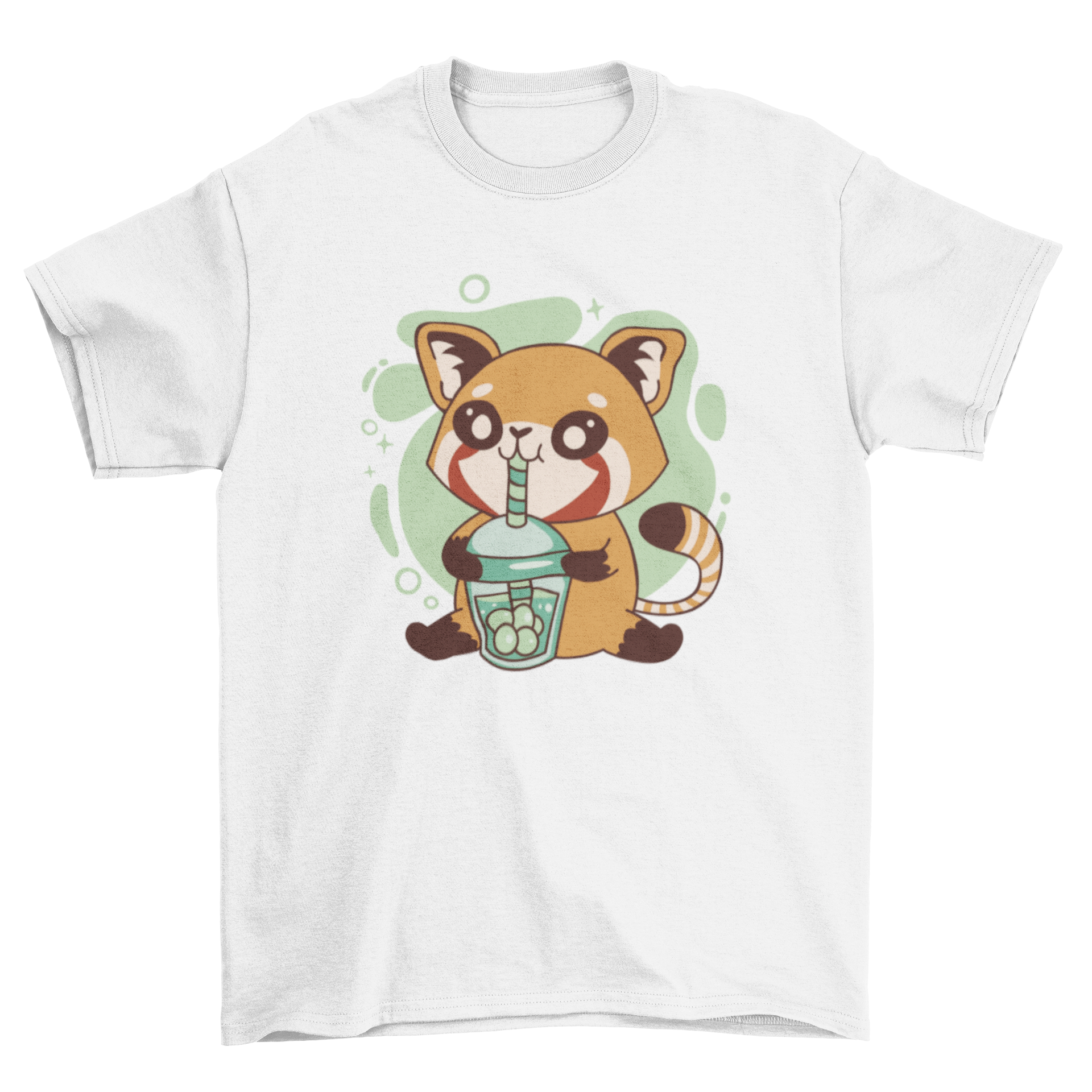 A cute t-shirt design featuring a red panda happily drinking tea, showcasing vibrant colors and playful illustration.
