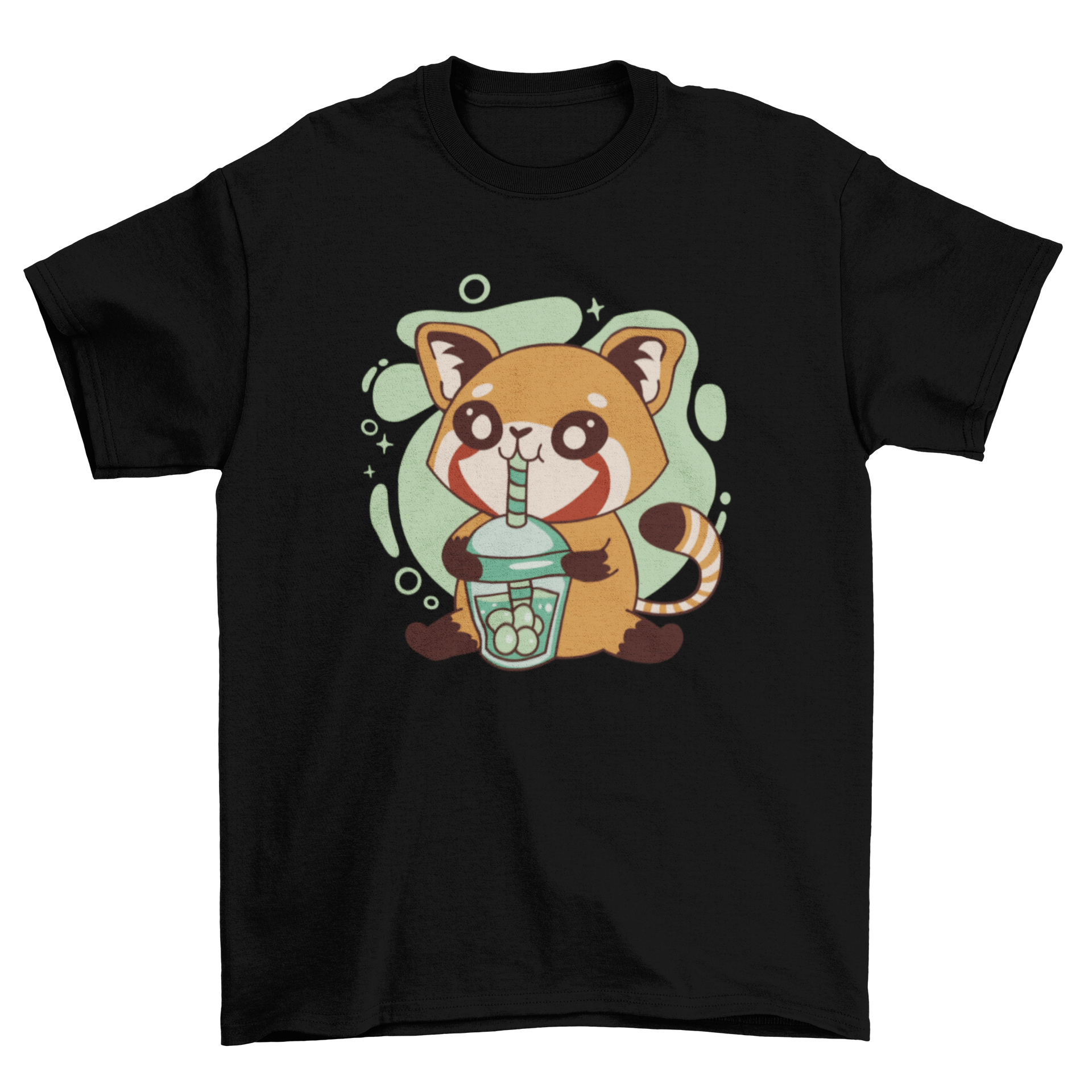 A cute t-shirt design featuring a red panda happily drinking tea, showcasing vibrant colors and playful illustration.