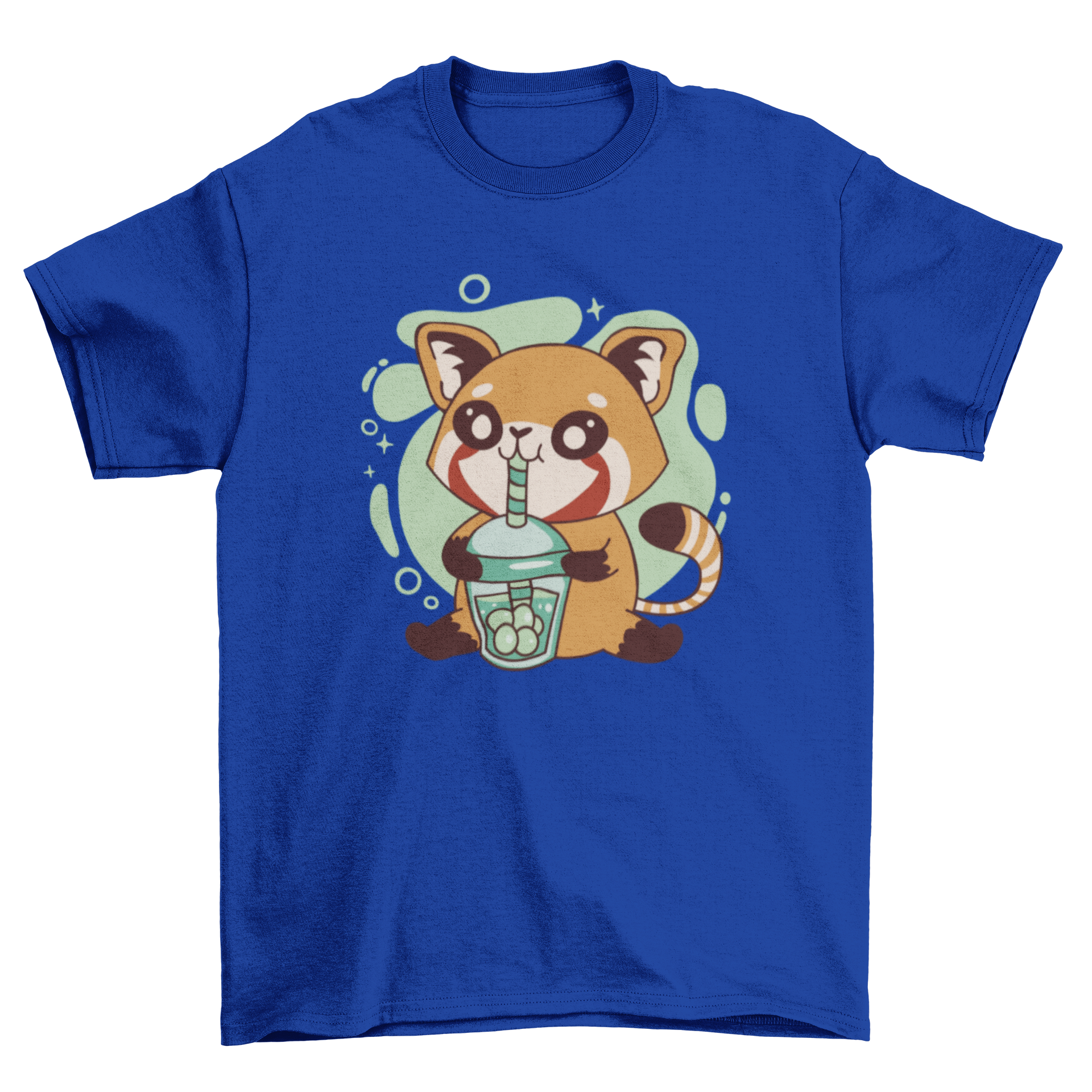 A cute t-shirt design featuring a red panda happily drinking tea, showcasing vibrant colors and playful illustration.