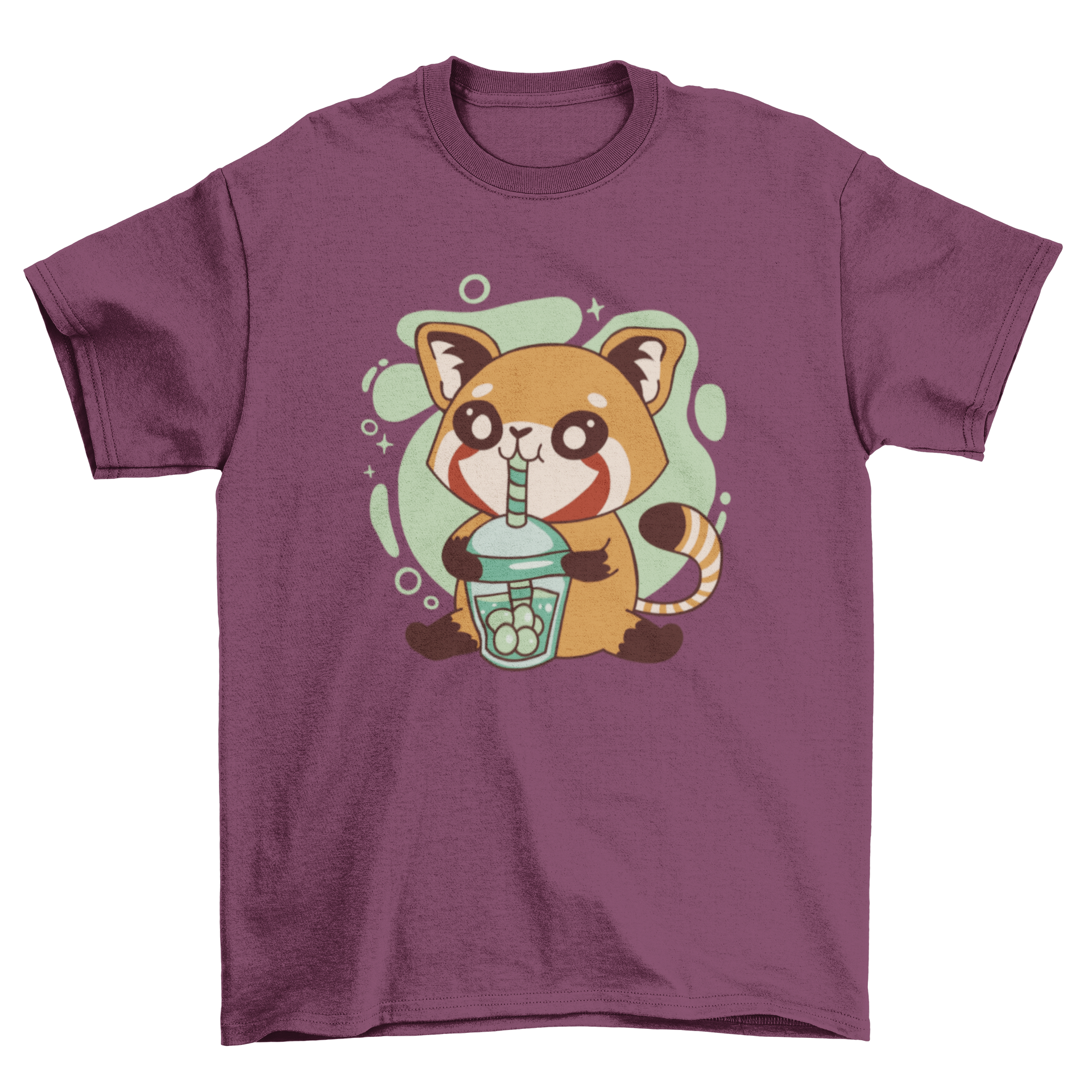 A cute t-shirt design featuring a red panda happily drinking tea, showcasing vibrant colors and playful illustration.