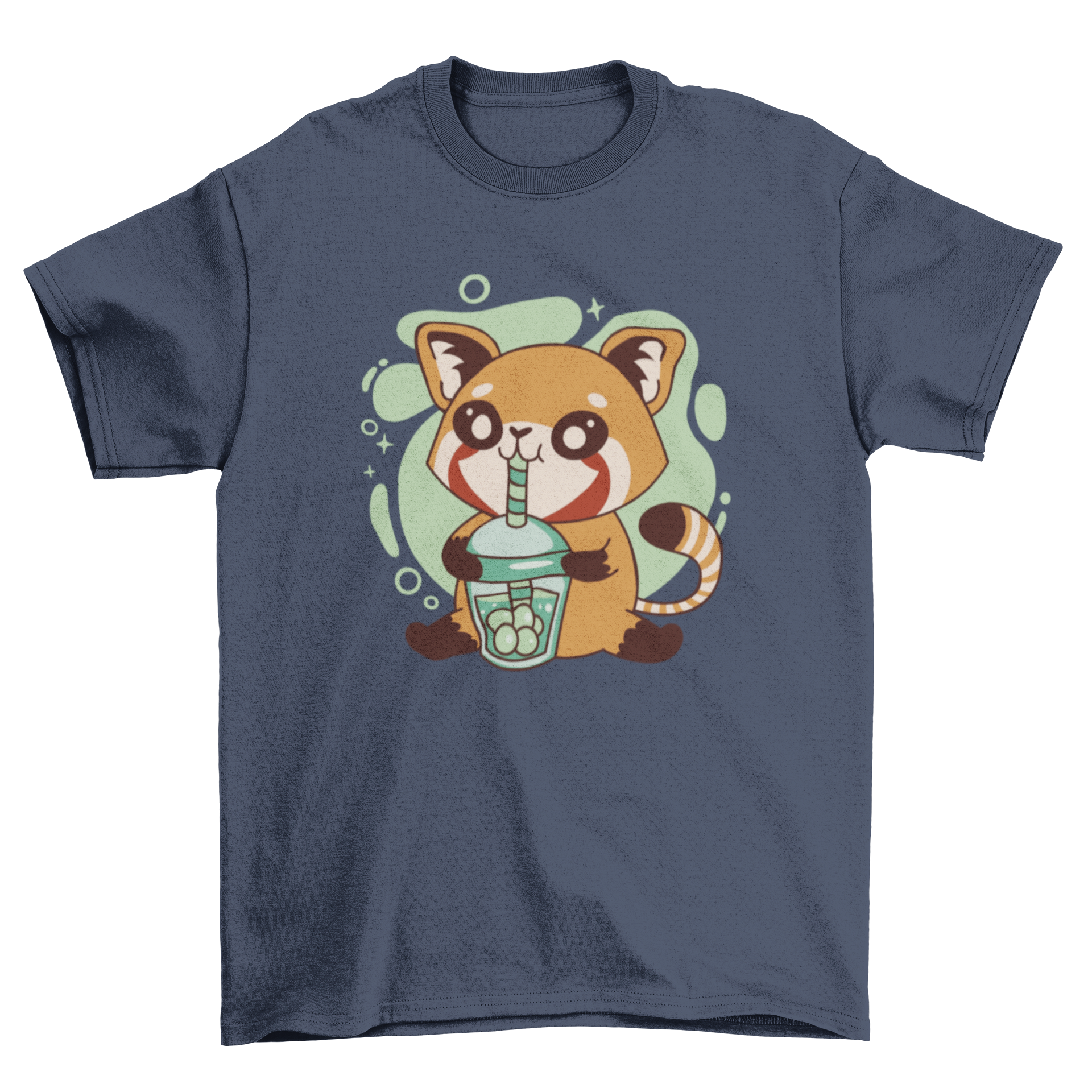 A cute t-shirt design featuring a red panda happily drinking tea, showcasing vibrant colors and playful illustration.