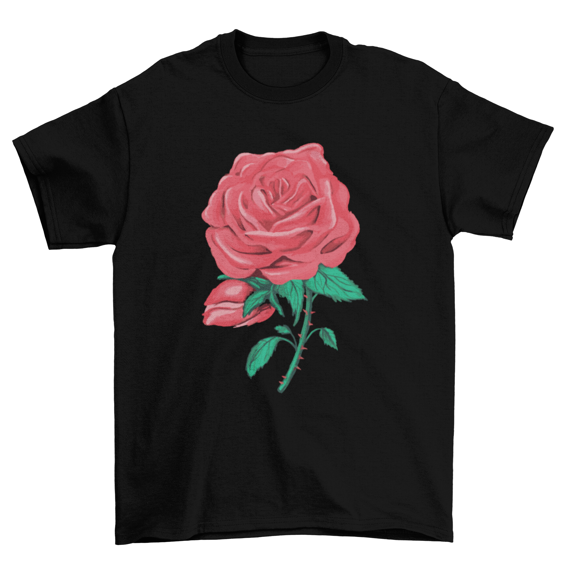 A creative illustration of a red rose on a stylish t-shirt, showcasing vibrant colors and intricate details.