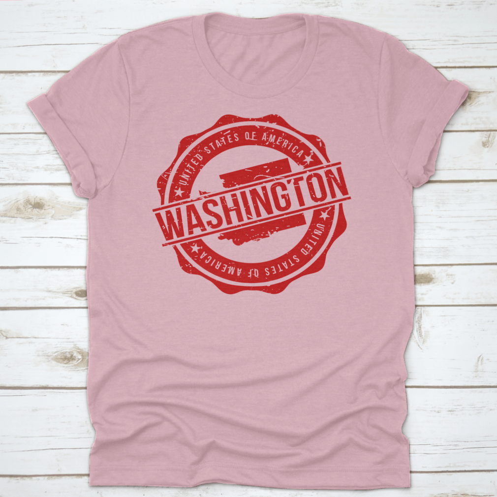 Red Round Stamp of Washington, USA, on a cotton t-shirt, showcasing its unique design and quality fabric.