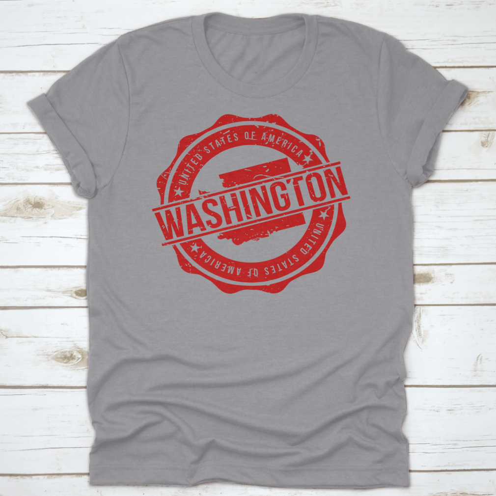 Red Round Stamp of Washington, USA, on a cotton t-shirt, showcasing its unique design and quality fabric.