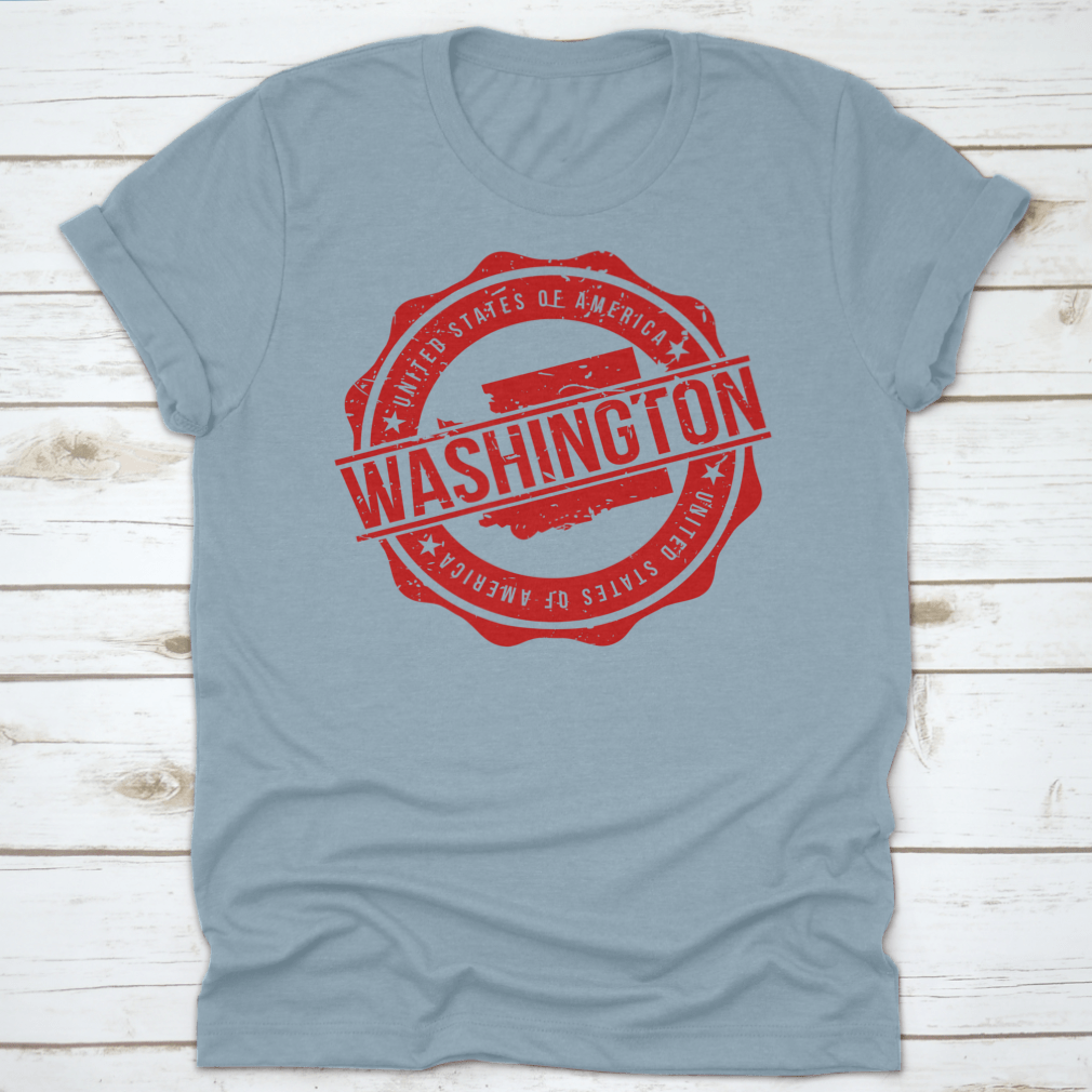 Red Round Stamp of Washington, USA, on a cotton t-shirt, showcasing its unique design and quality fabric.