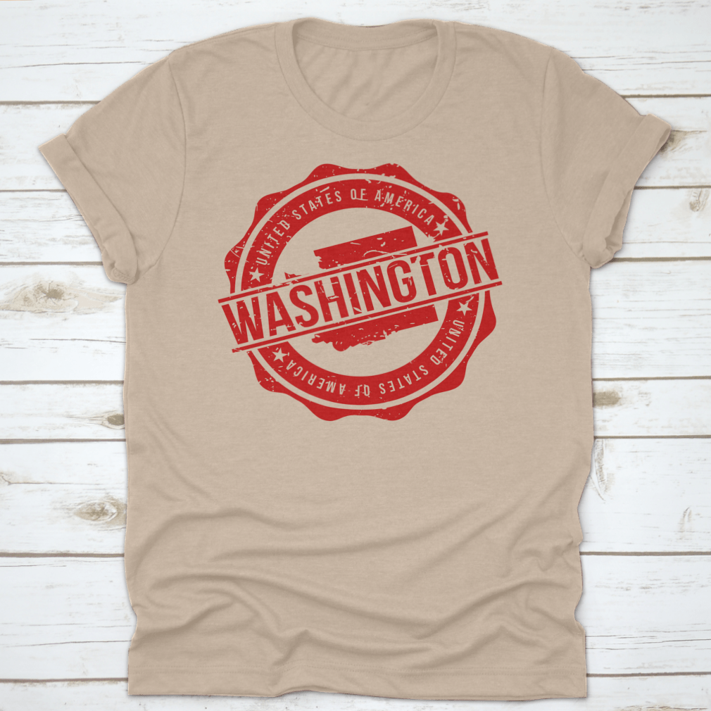 Red Round Stamp of Washington, USA, on a cotton t-shirt, showcasing its unique design and quality fabric.