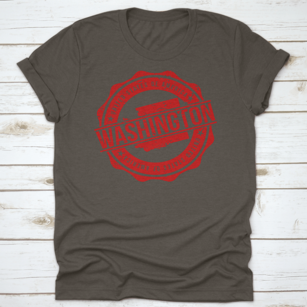 Red Round Stamp of Washington, USA, on a cotton t-shirt, showcasing its unique design and quality fabric.