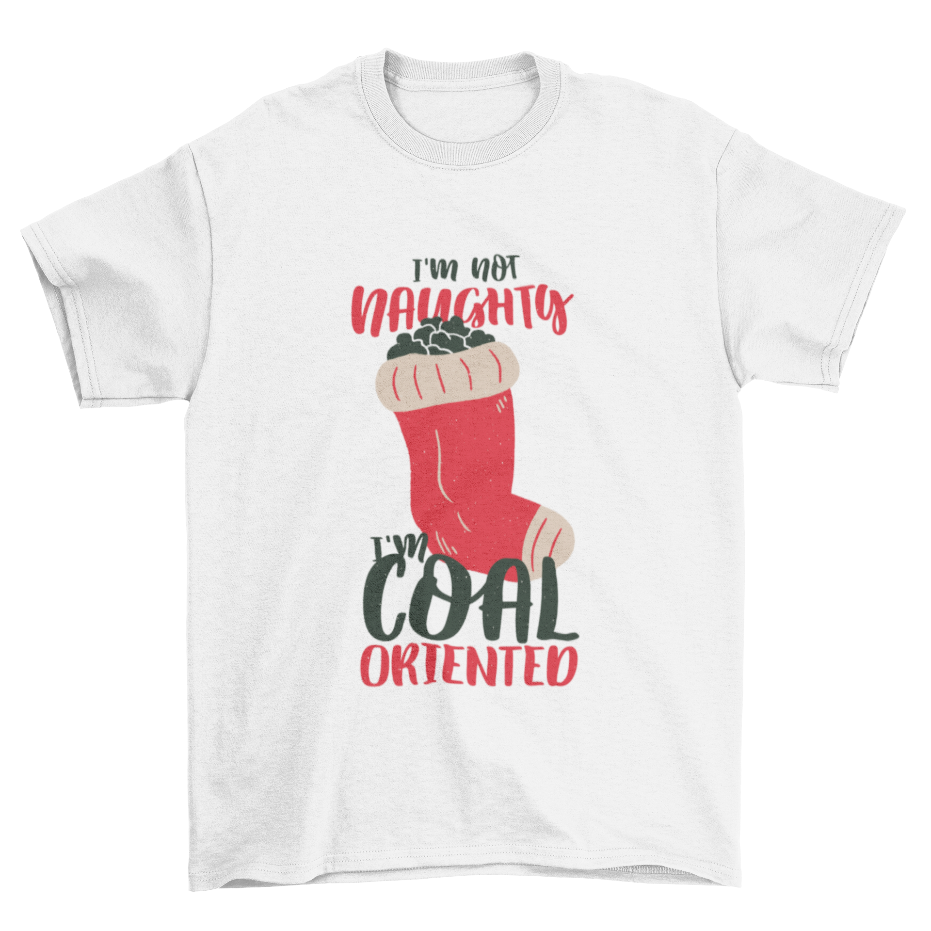 Red Christmas t-shirt featuring a stocking and humorous quote about coal.