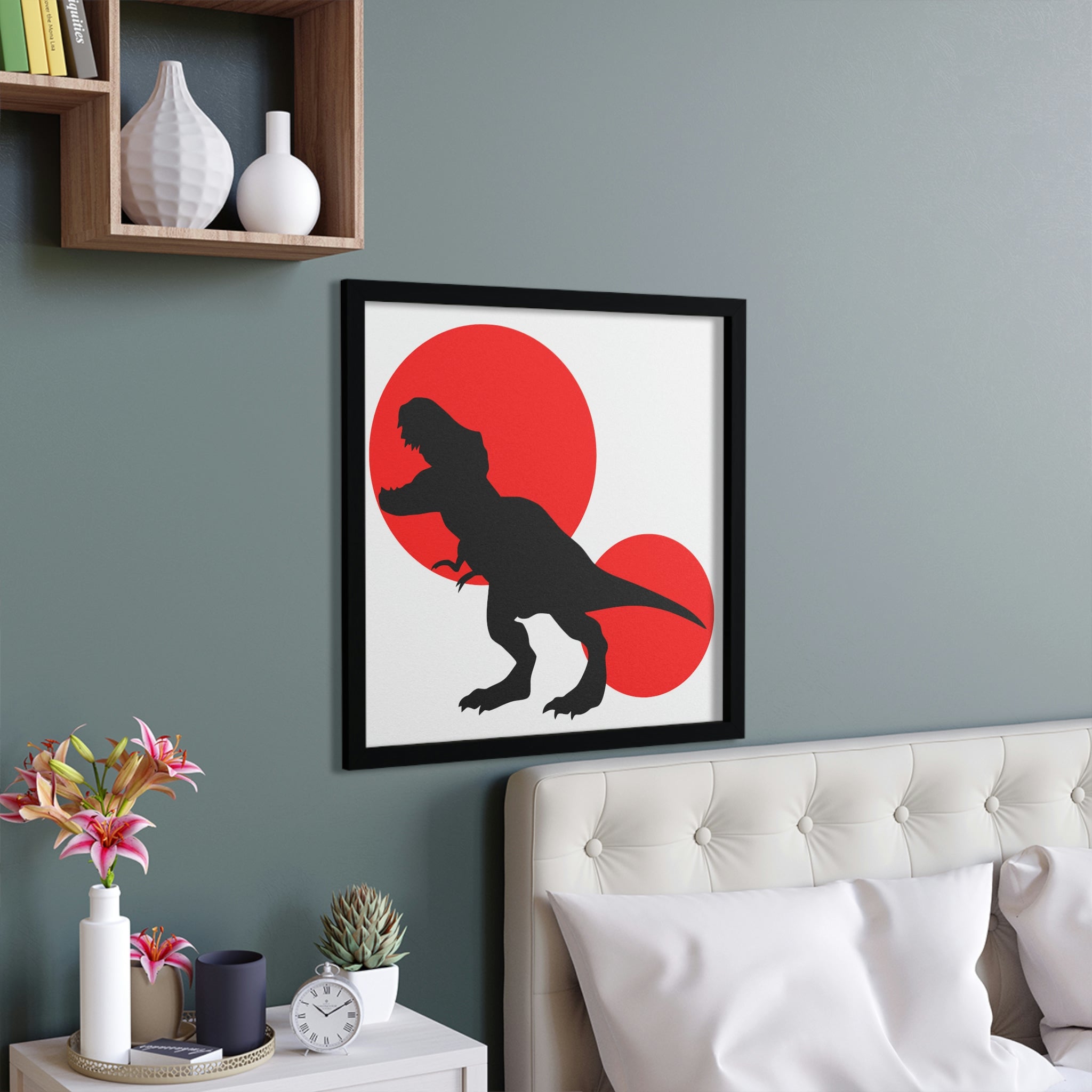 Framed poster featuring a vibrant Red Tyrannosaurus Rex design, set in a hand-crafted wooden frame, ready for hanging.