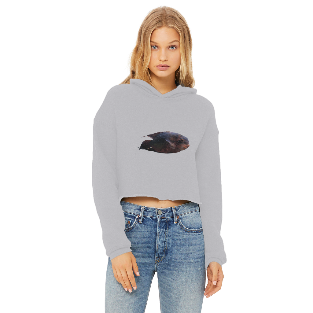 RedBlackFish Ladies Cropped Raw Edge Hoodie in various colors, showcasing its stylish design and raw edge hem.