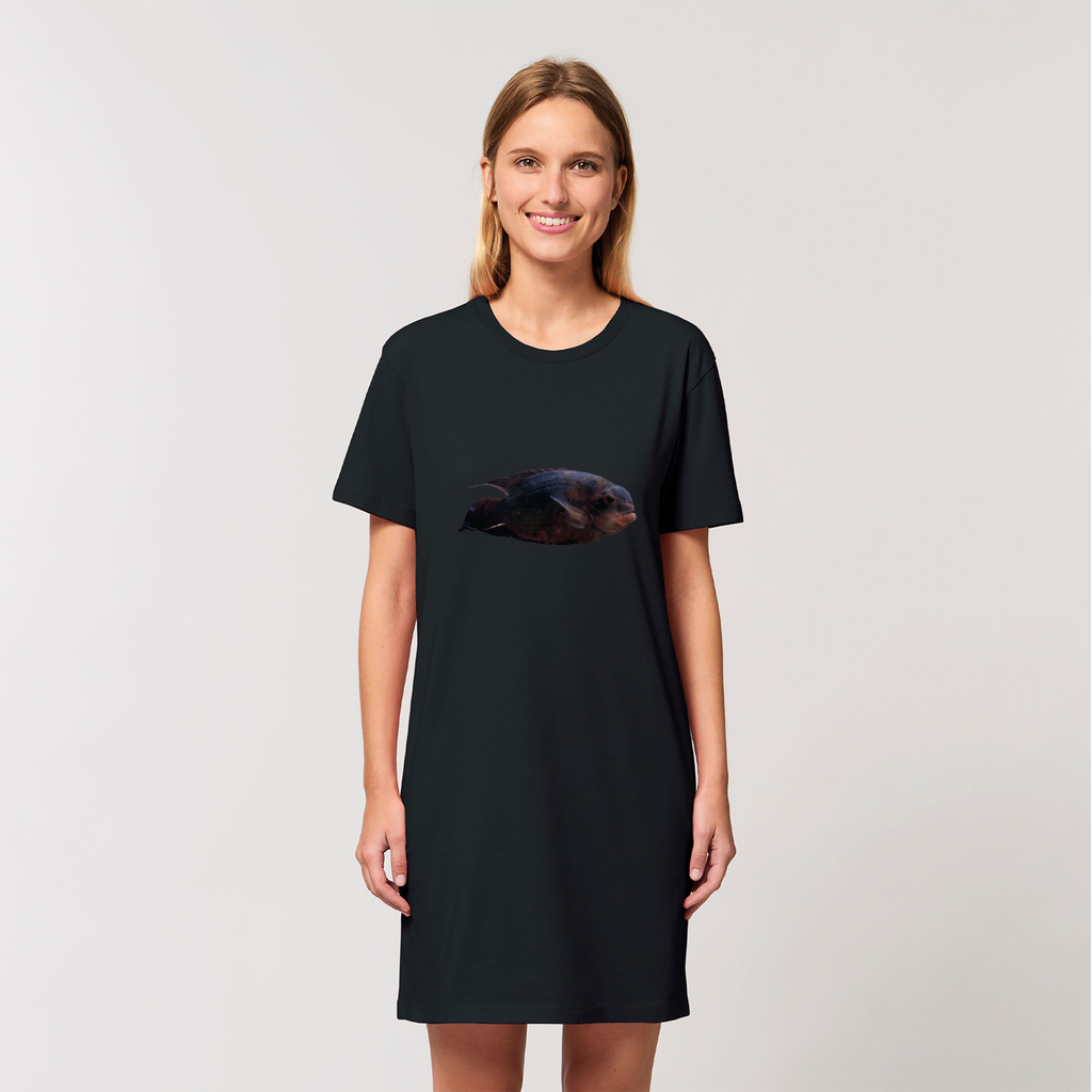 A stylish RedBlackFish Organic T-Shirt Dress made from 100% organic cotton, showcasing its soft texture and elegant design.