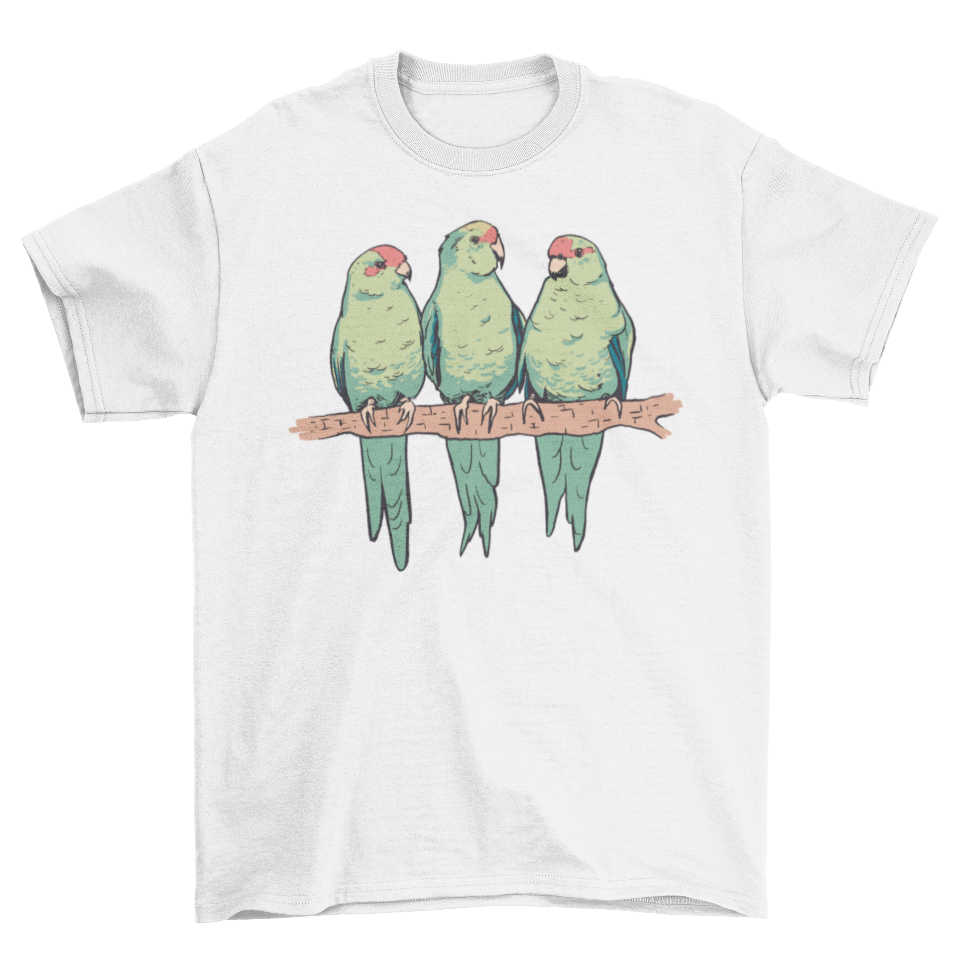 A vibrant t-shirt featuring three red-crowned parakeets perched on a branch, showcasing their colorful plumage.