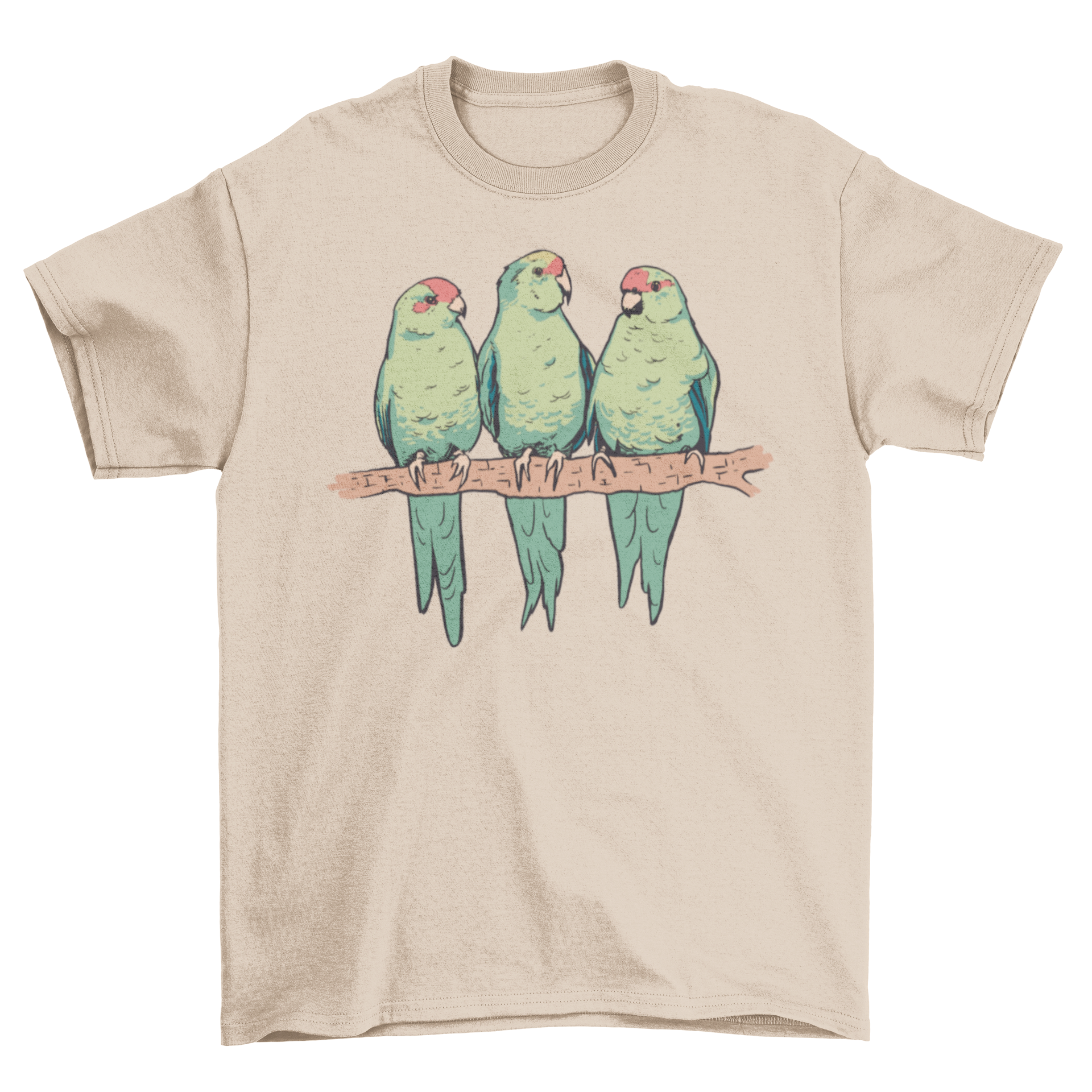 A vibrant t-shirt featuring three red-crowned parakeets perched on a branch, showcasing their colorful plumage.