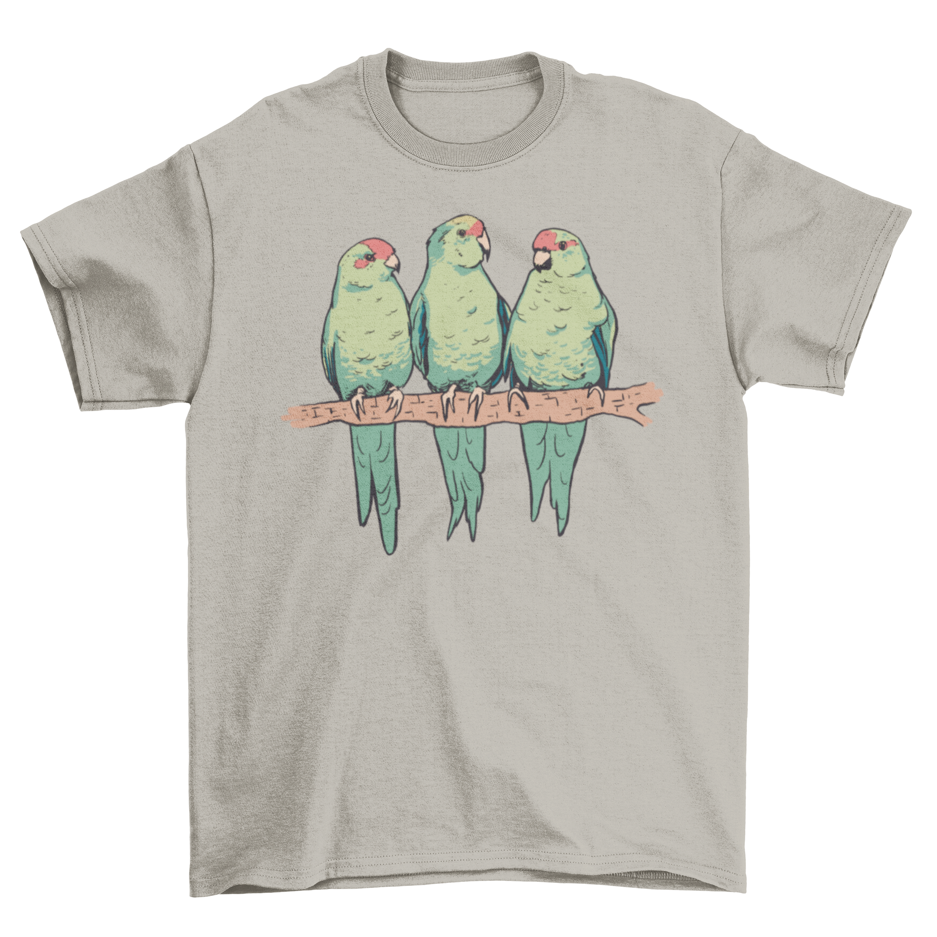 A vibrant t-shirt featuring three red-crowned parakeets perched on a branch, showcasing their colorful plumage.