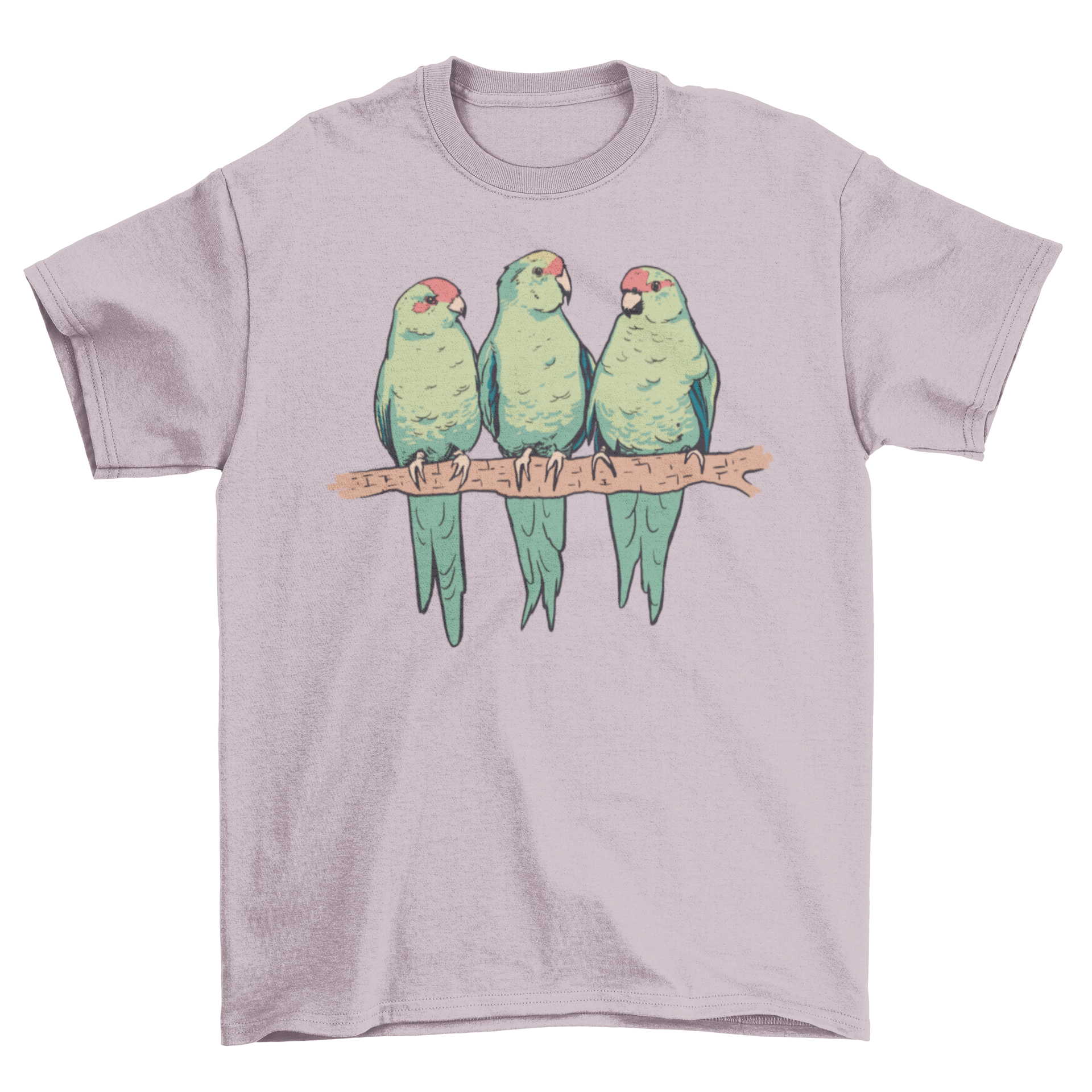 A vibrant t-shirt featuring three red-crowned parakeets perched on a branch, showcasing their colorful plumage.