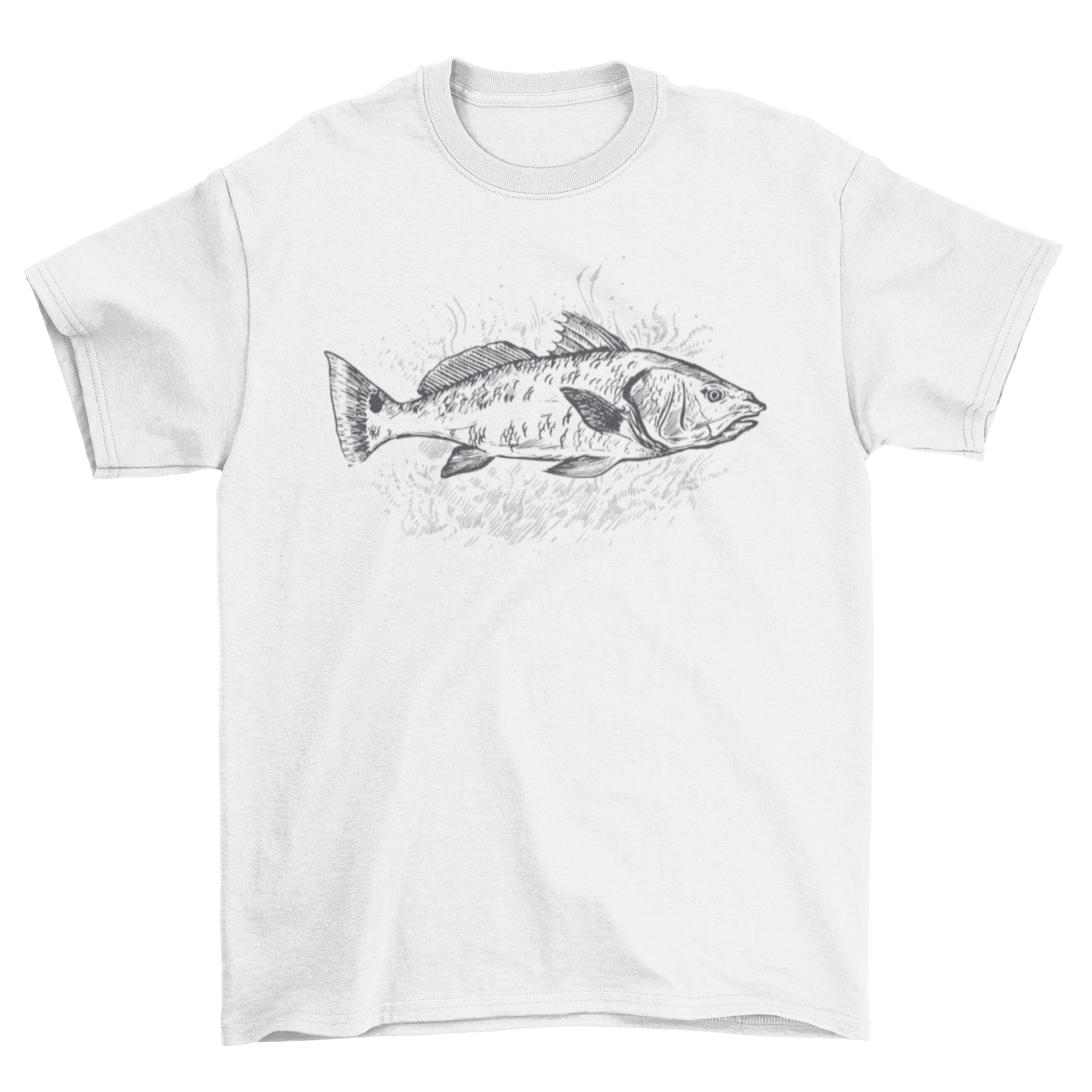 A hand-drawn illustration of a redfish swimming, featured on a stylish t-shirt.