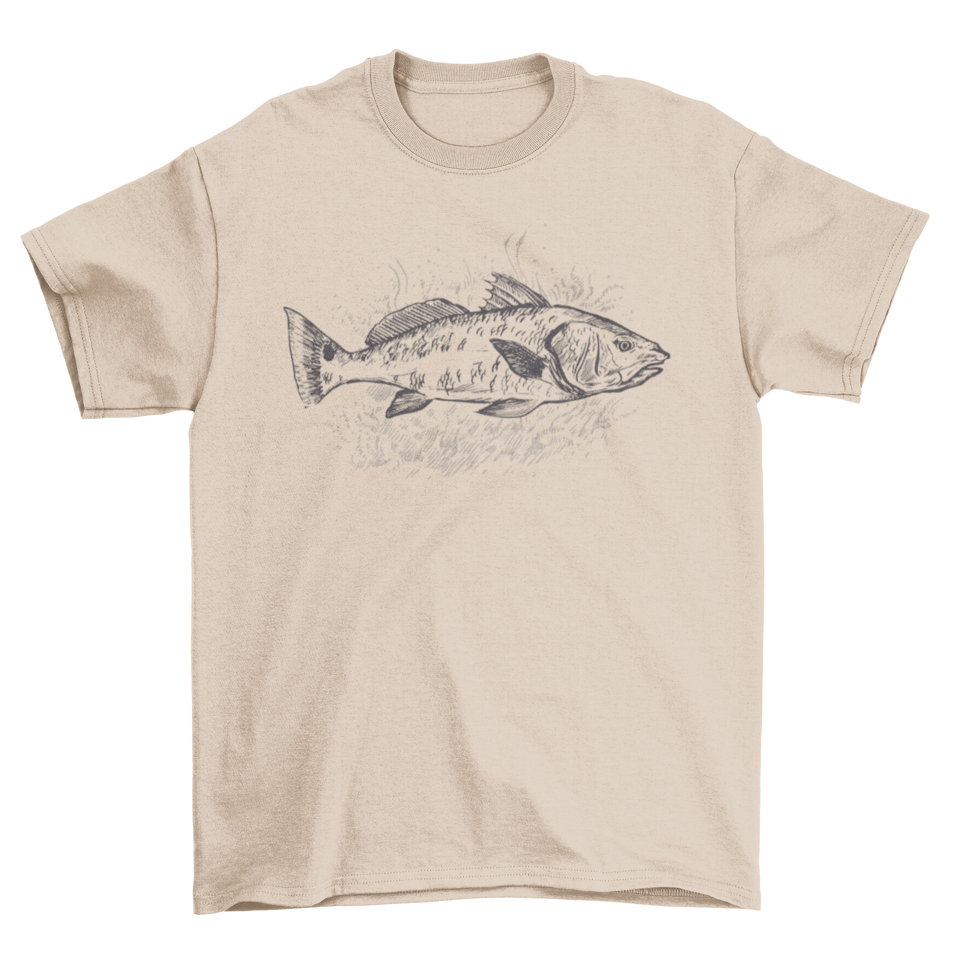 A hand-drawn illustration of a redfish swimming, featured on a stylish t-shirt.