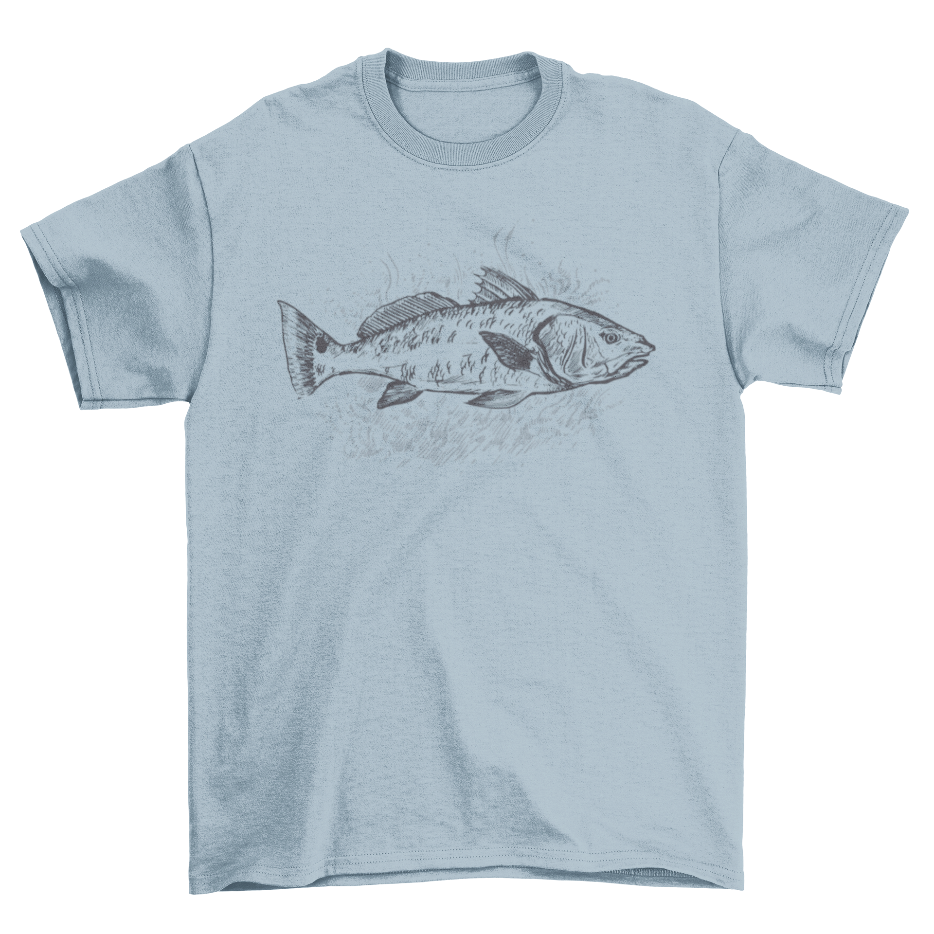 A hand-drawn illustration of a redfish swimming, featured on a stylish t-shirt.