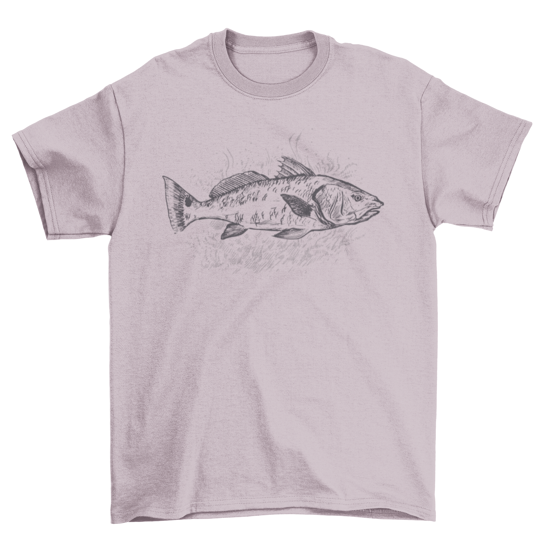 A hand-drawn illustration of a redfish swimming, featured on a stylish t-shirt.