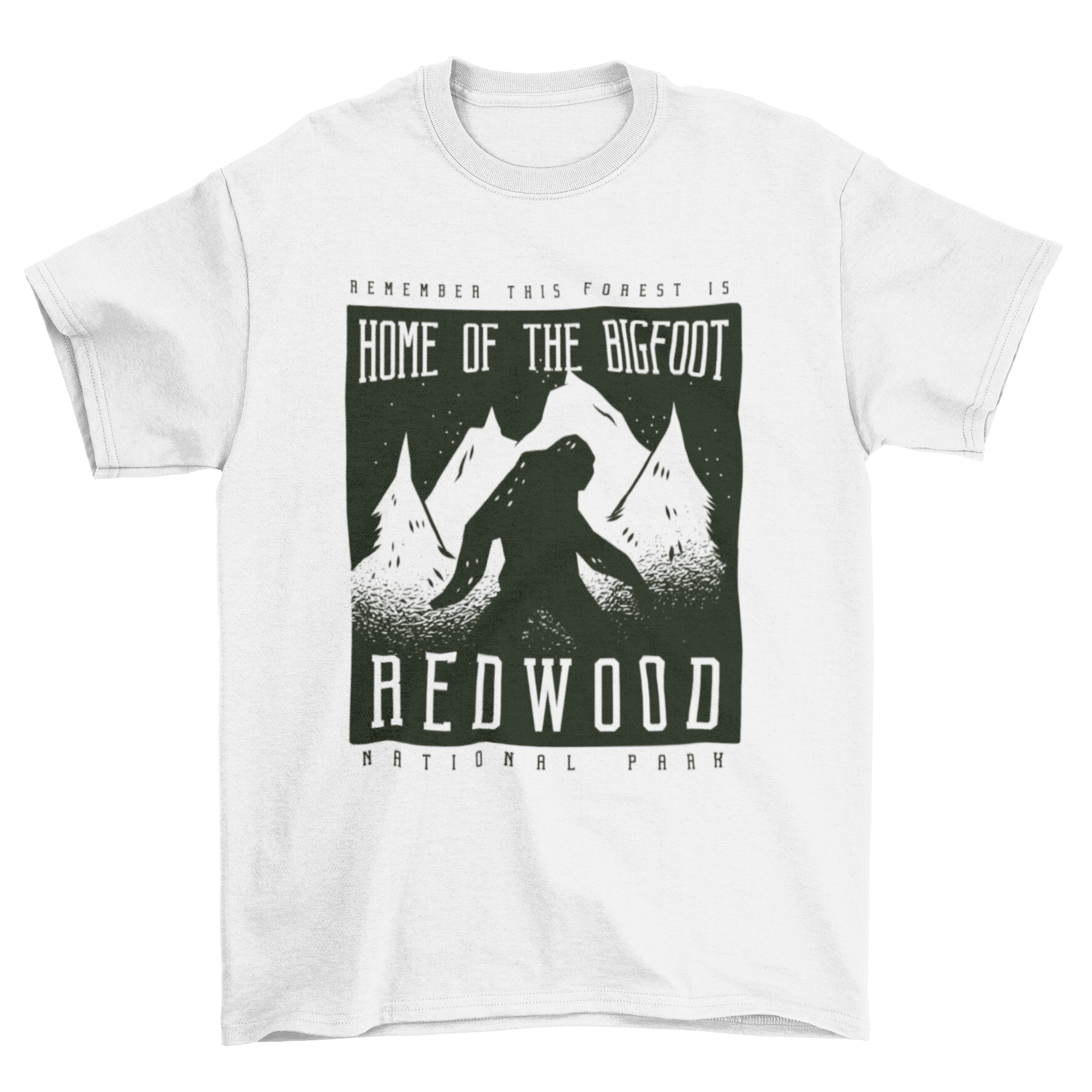Redwood Park T-shirt featuring Big Foot silhouette over mountains, perfect for outdoor enthusiasts.
