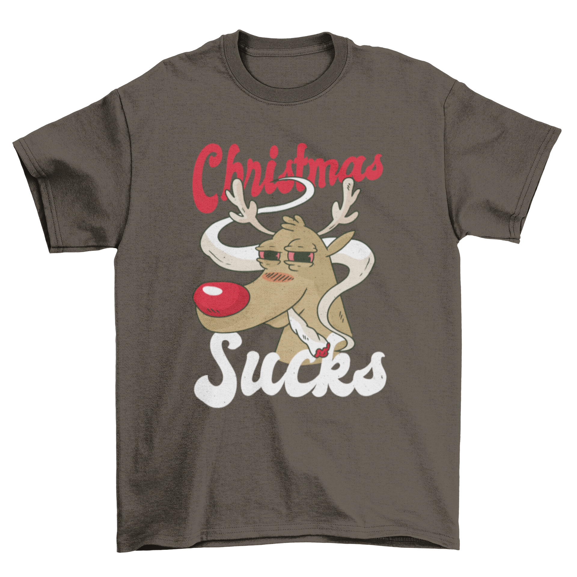 A humorous T-shirt design featuring a reindeer smoking weed with the quote 'CHRISTMAS SUCKS', perfect for holiday celebrations.