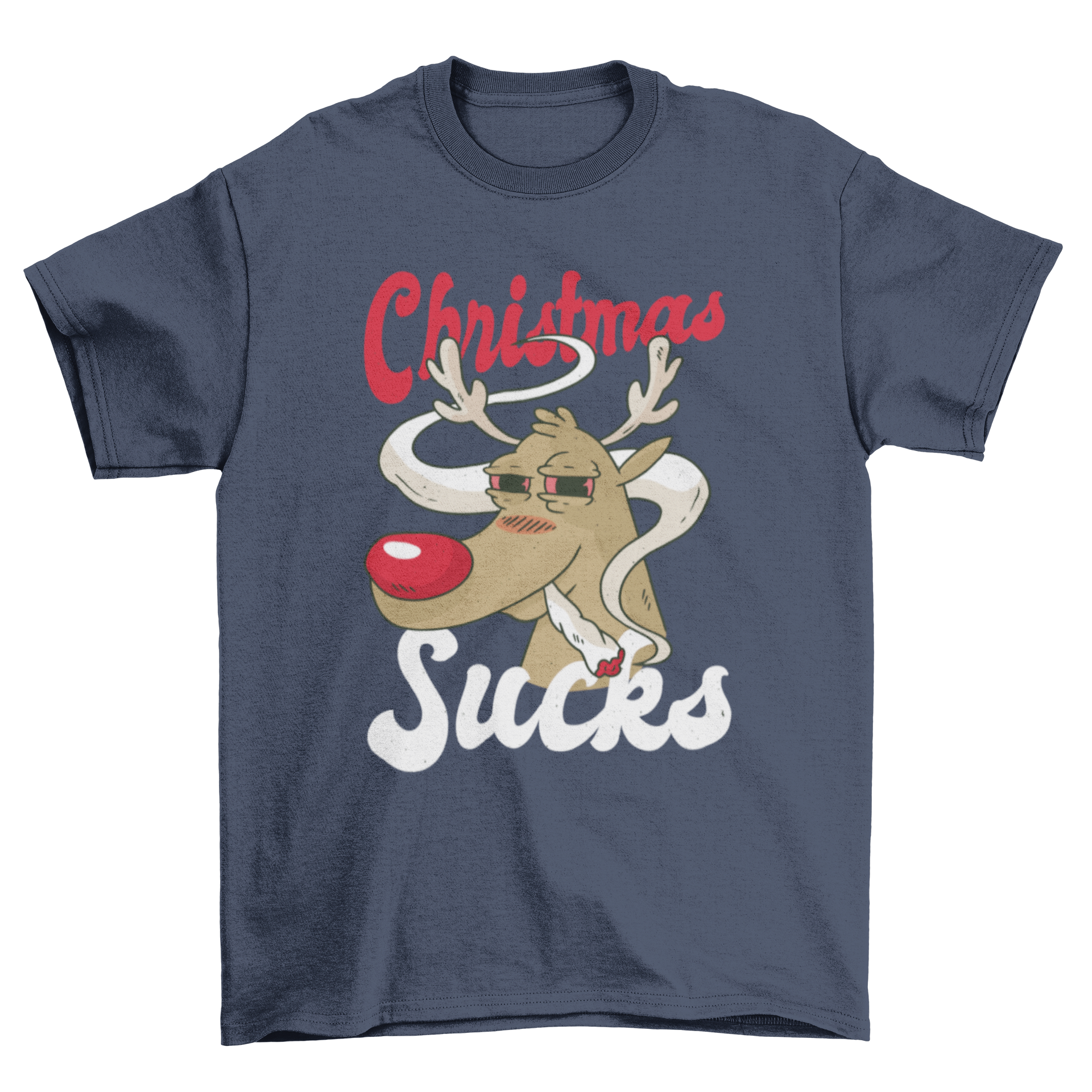 A humorous T-shirt design featuring a reindeer smoking weed with the quote 'CHRISTMAS SUCKS', perfect for holiday celebrations.