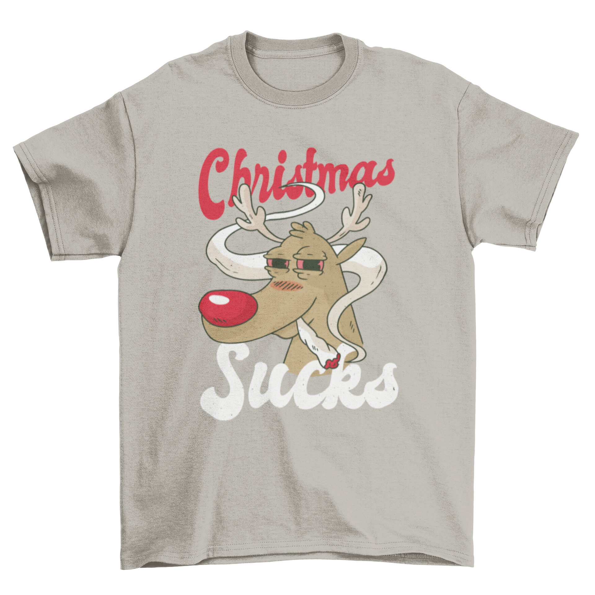 A humorous T-shirt design featuring a reindeer smoking weed with the quote 'CHRISTMAS SUCKS', perfect for holiday celebrations.