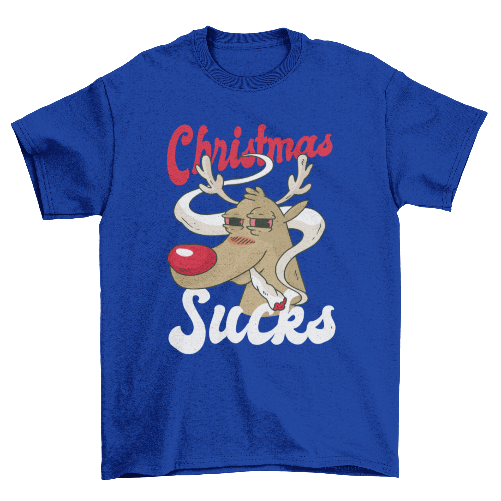 A humorous T-shirt design featuring a reindeer smoking weed with the quote 'CHRISTMAS SUCKS', perfect for holiday celebrations.