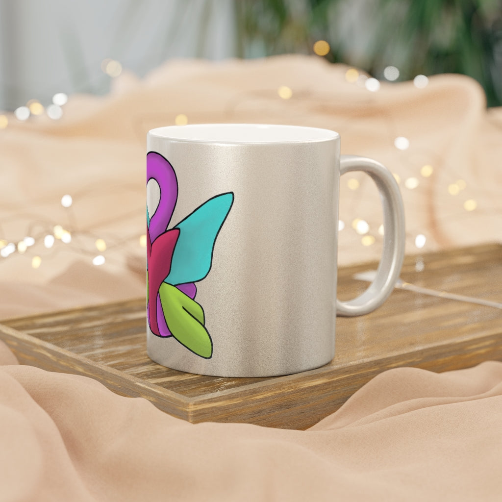 Rengitsu Metallic Mug in Silver and Gold with personalized designs, showcasing a sleek ceramic finish and comfortable C-handle.