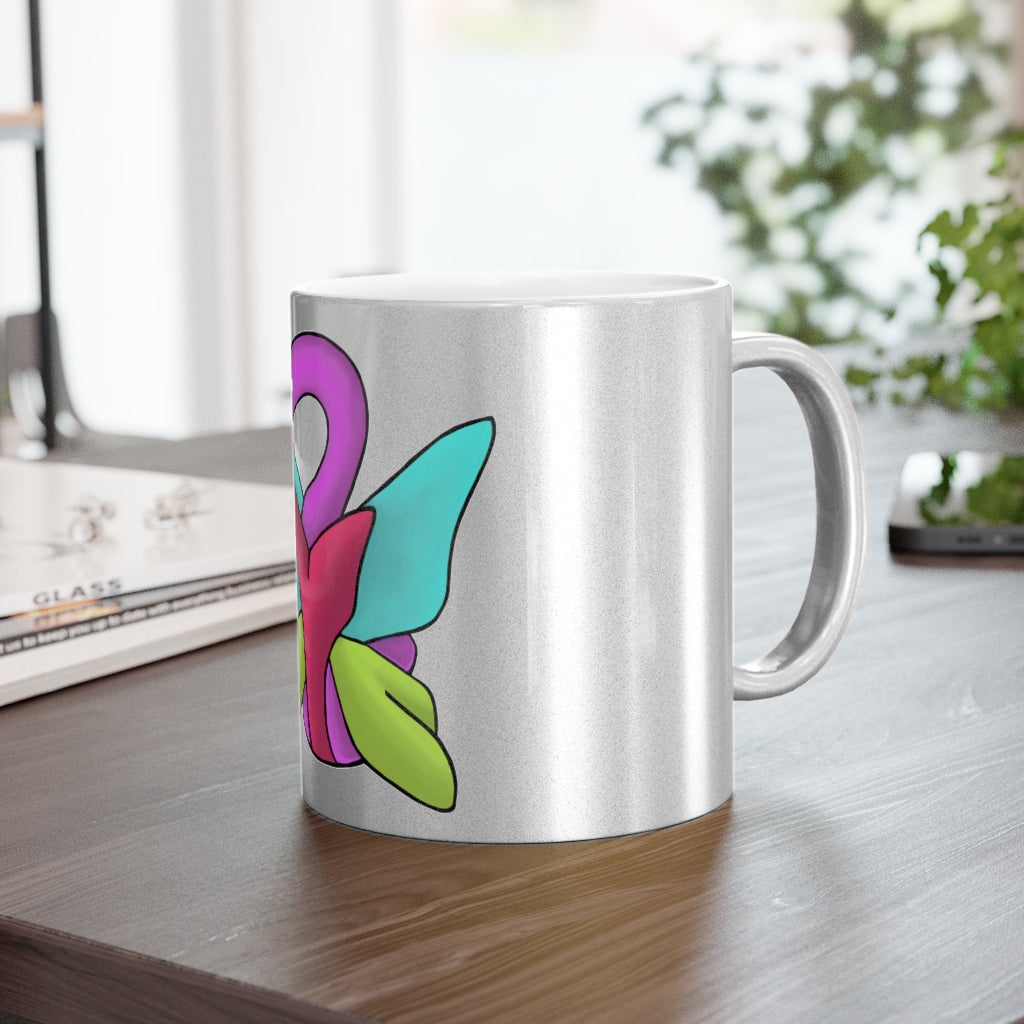 Rengitsu Metallic Mug in Silver and Gold with personalized designs, showcasing a sleek ceramic finish and comfortable C-handle.