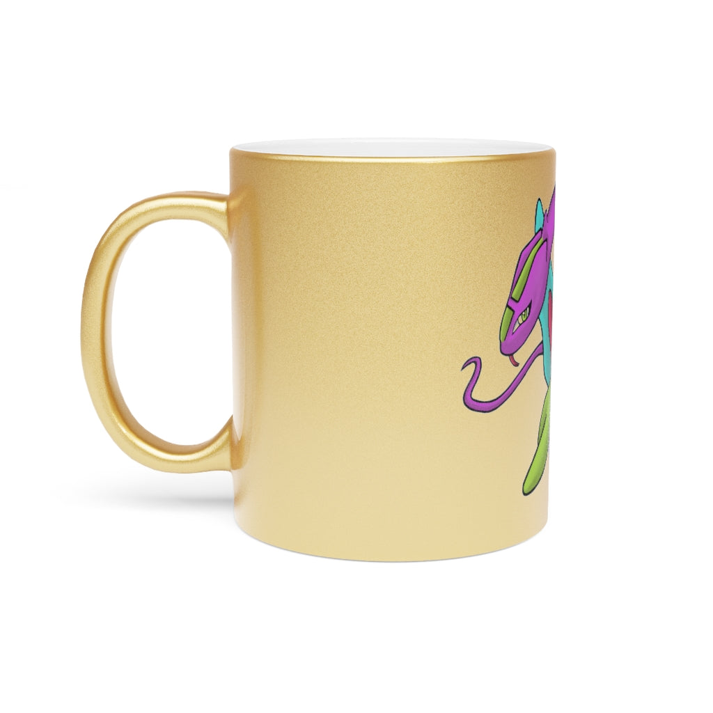 Rengitsu Metallic Mug in Silver and Gold with personalized designs, showcasing a sleek ceramic finish and comfortable C-handle.