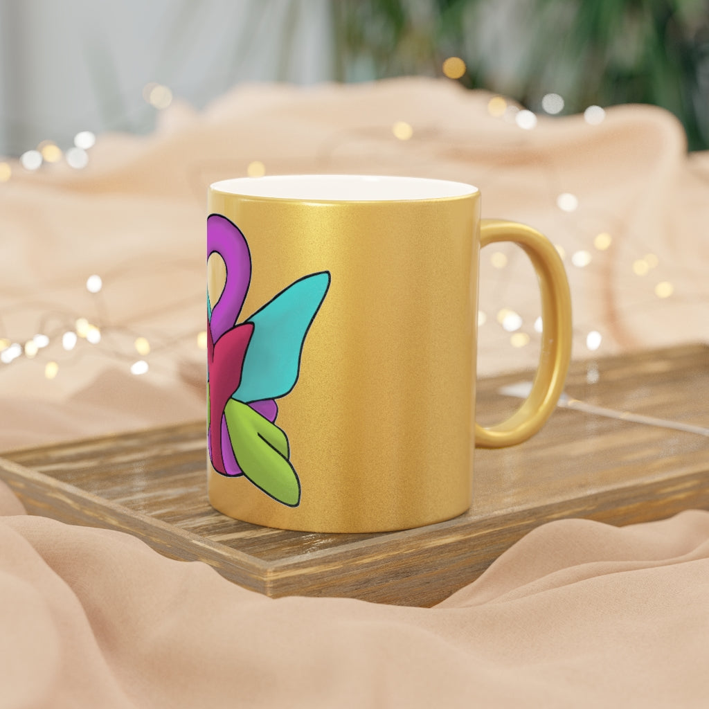 Rengitsu Metallic Mug in Silver and Gold with personalized designs, showcasing a sleek ceramic finish and comfortable C-handle.