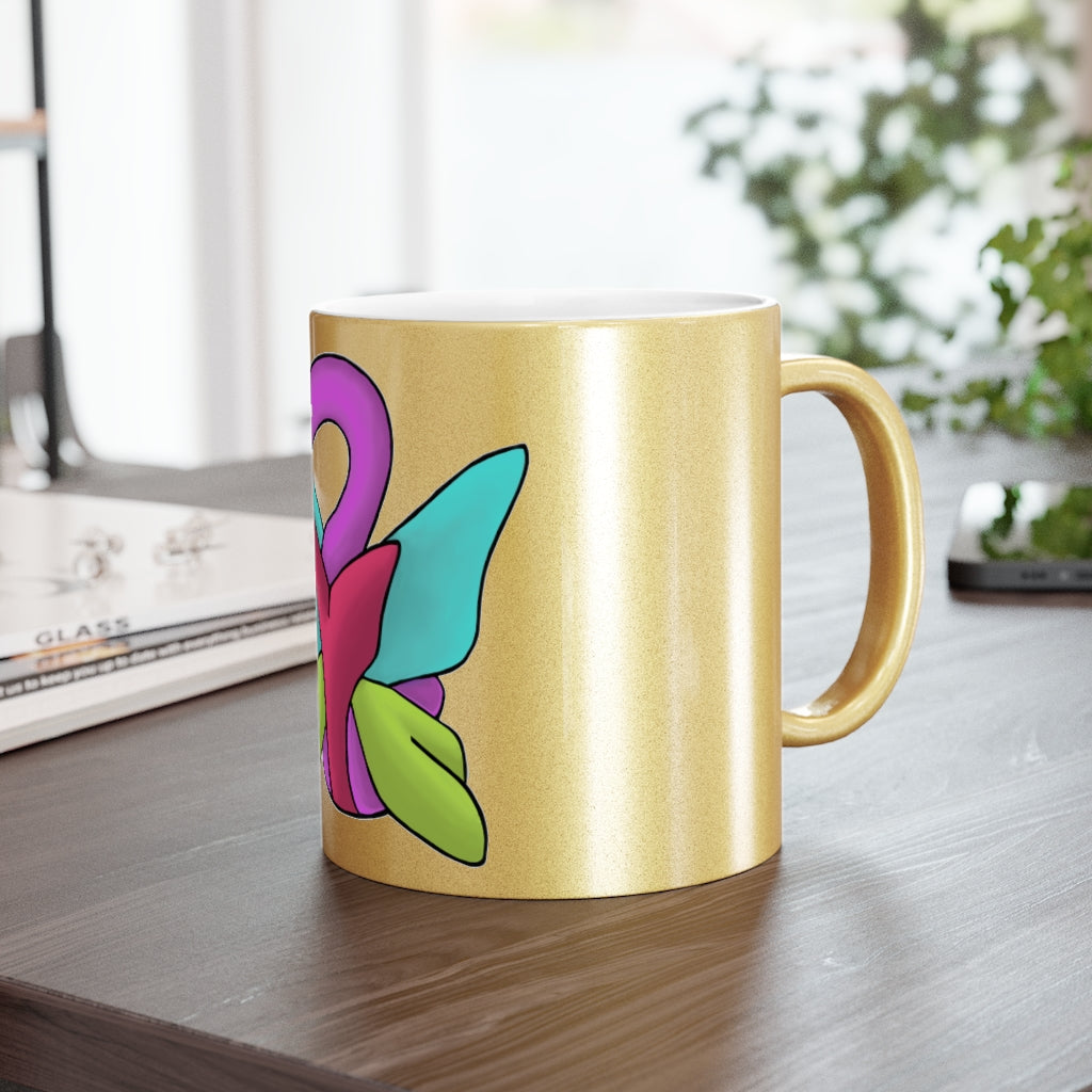 Rengitsu Metallic Mug in Silver and Gold with personalized designs, showcasing a sleek ceramic finish and comfortable C-handle.
